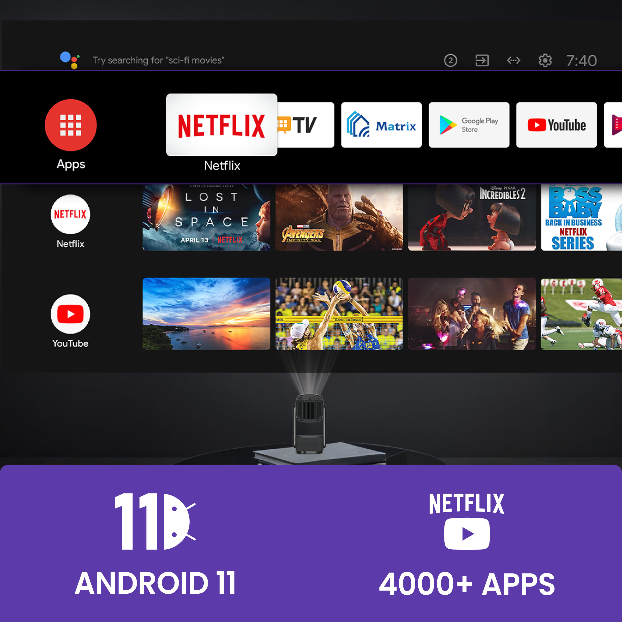 An Android TV home screen displaying apps like Netflix, YouTube, and Google Play.