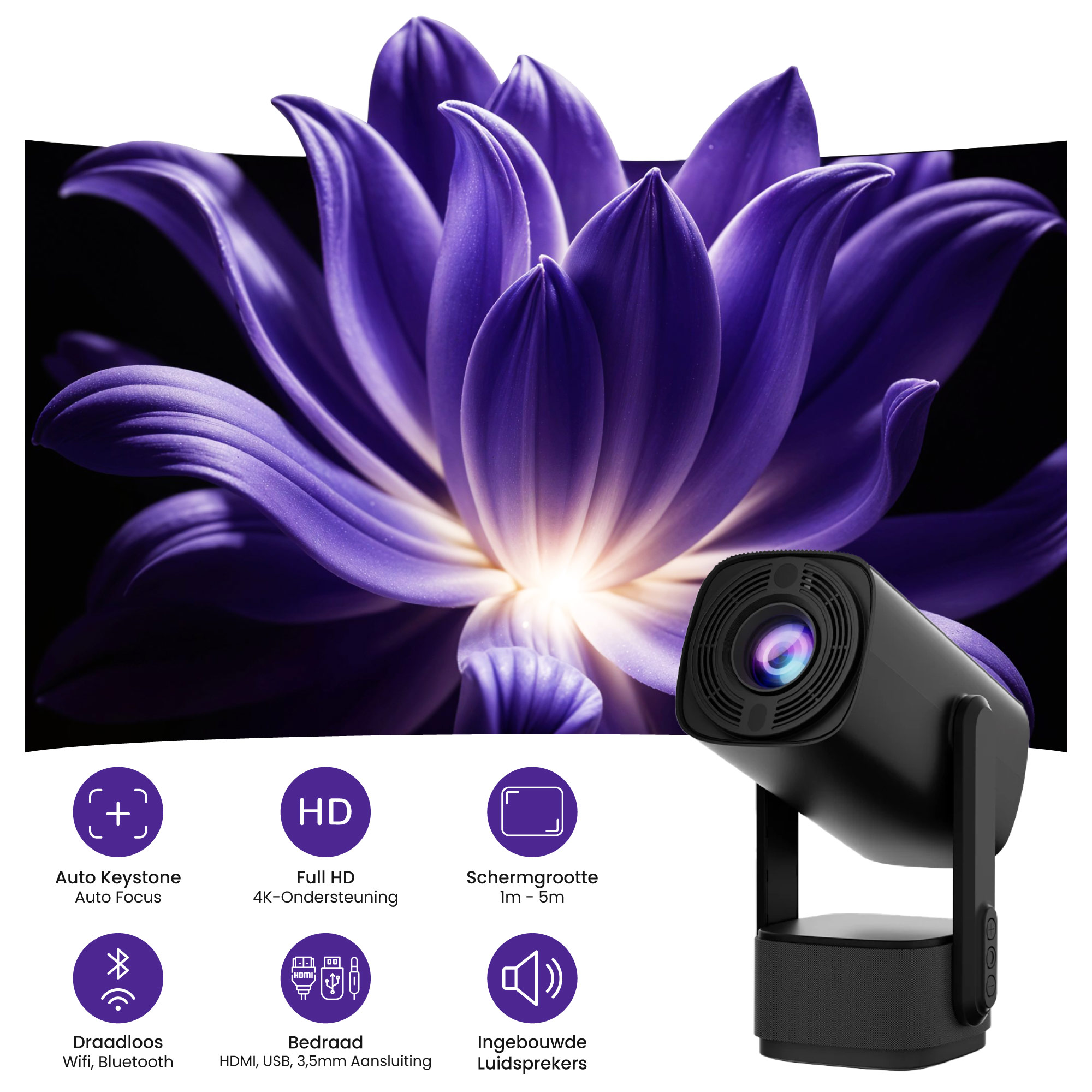 Black projector in front of purple bloom with feature icons.