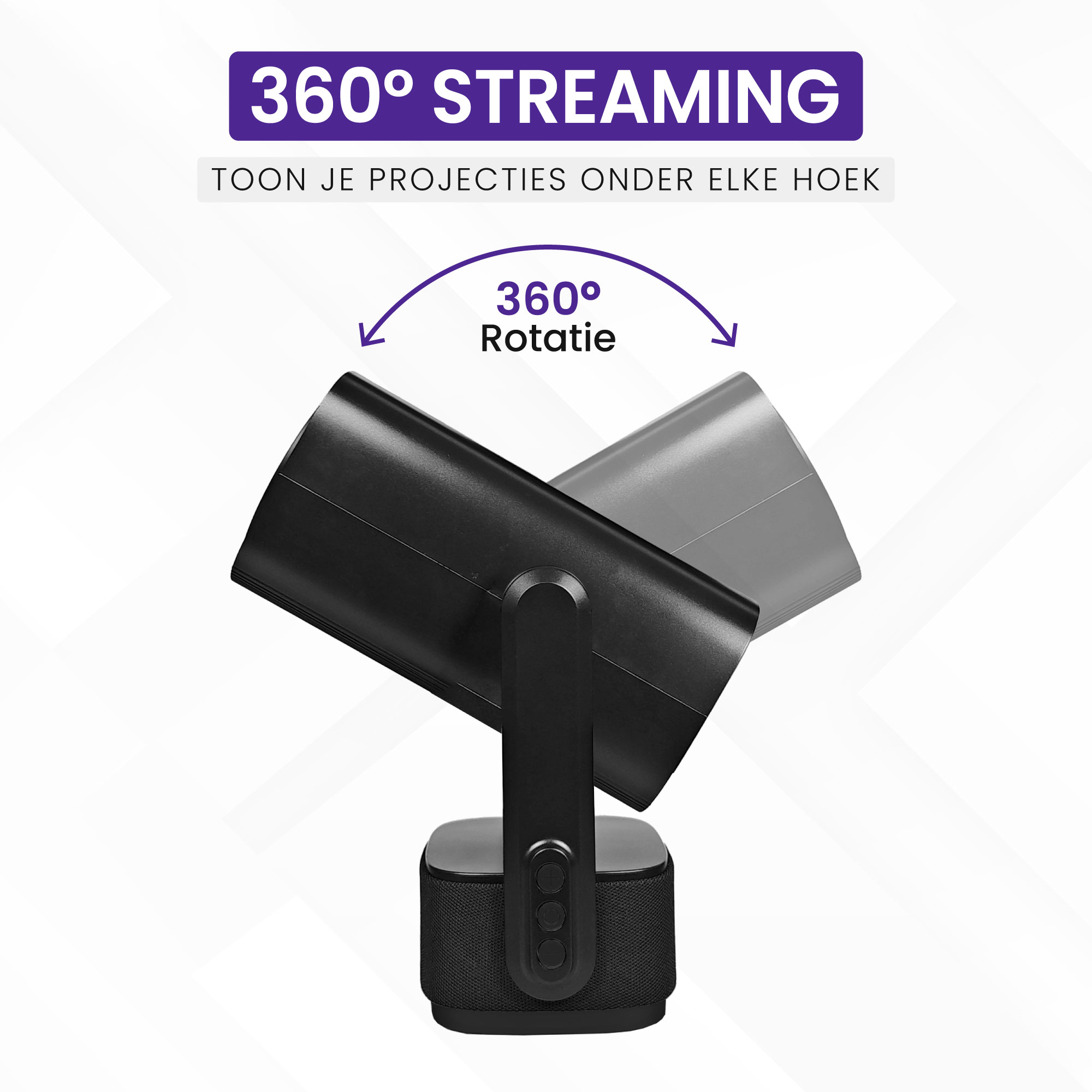 A black projector rotates 360 degrees on a speaker base. Text: 360° Streaming.