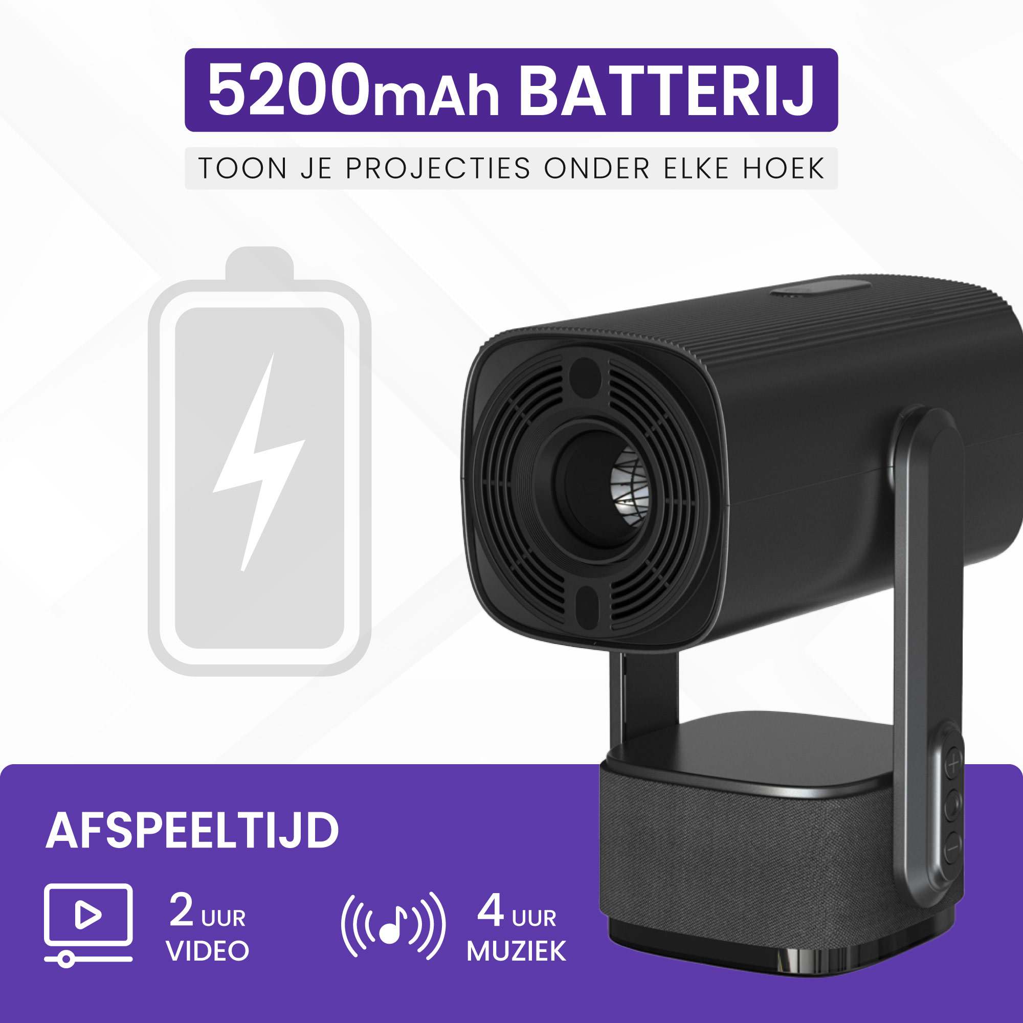 Black projector with 5200mAh battery. 2hr video, 4hr music playback.