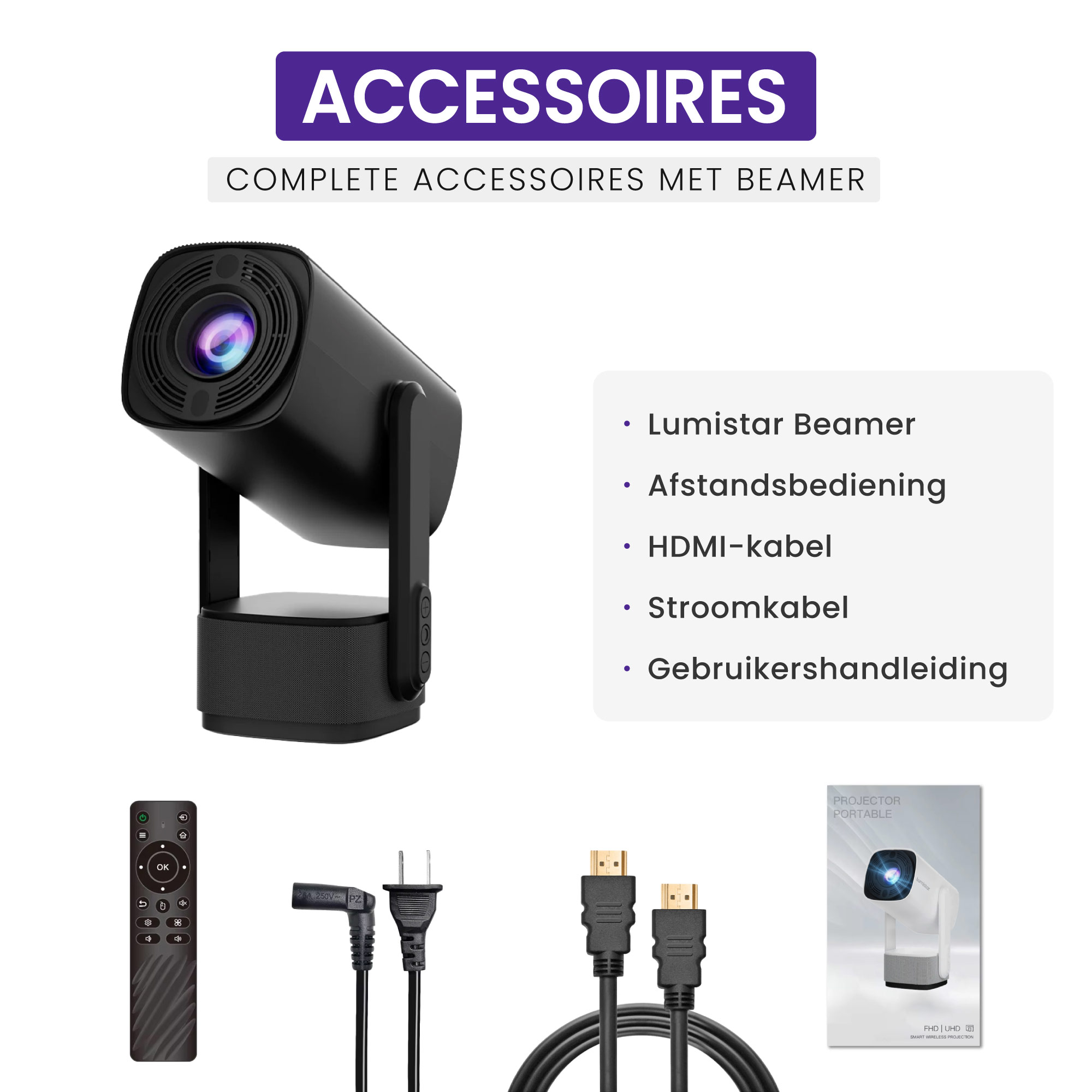 A black projector with accessories: remote, cables, and manual.