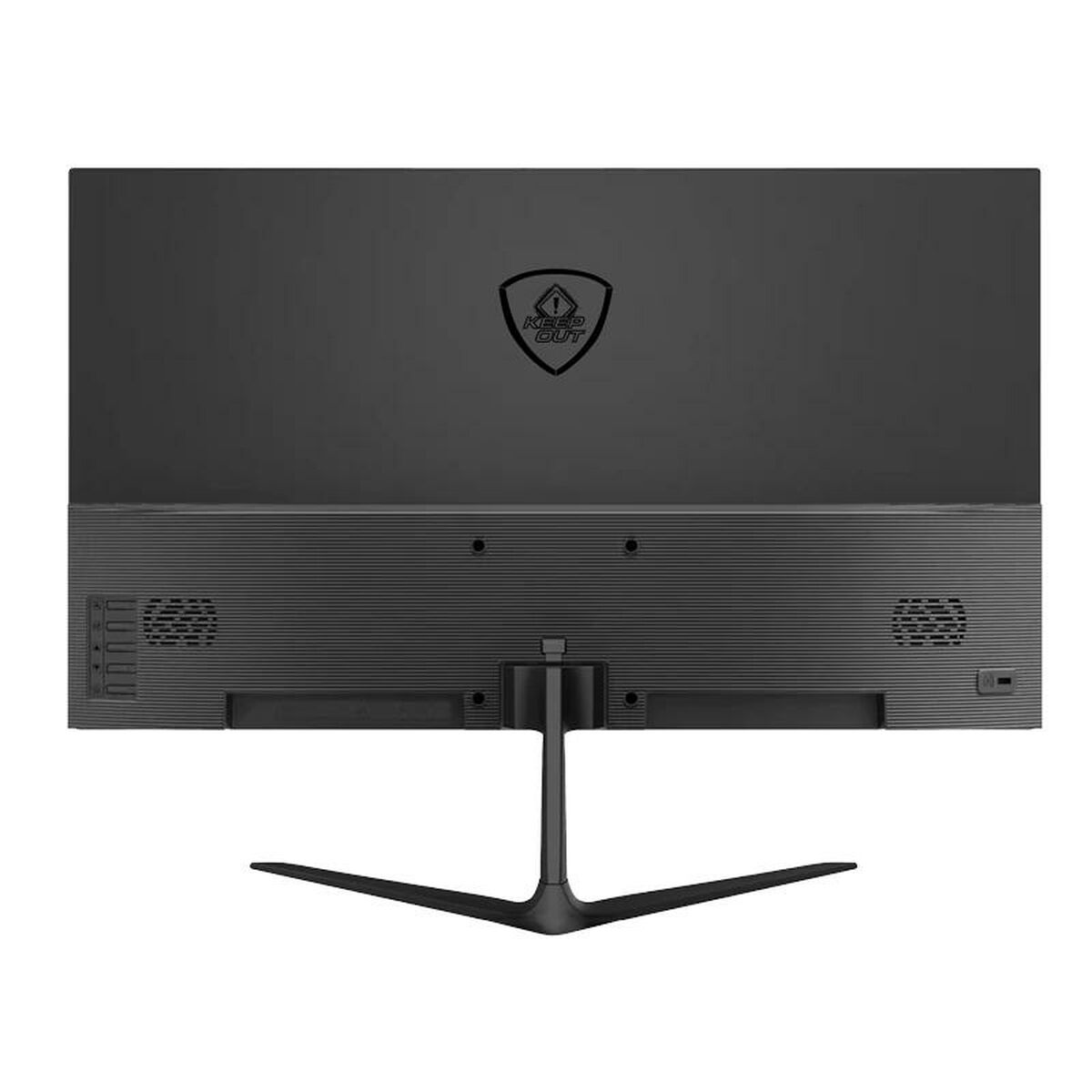 Parte trasera de un monitor negro con un escudo "KEEP OUT" y un soporte de tres patas.