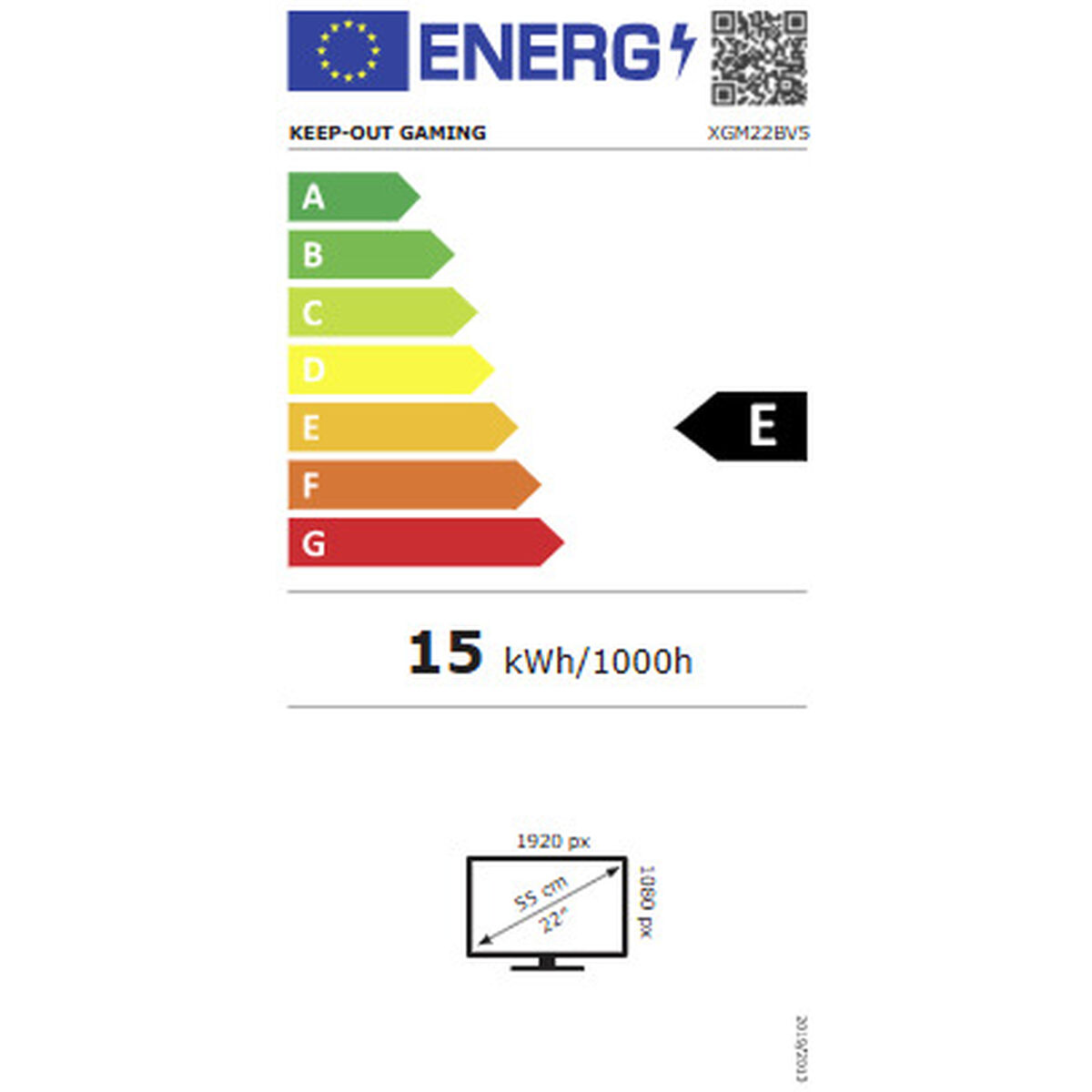 Etiqueta energética clase E para KEEP-OUT GAMING, 15 kWh/1000h.