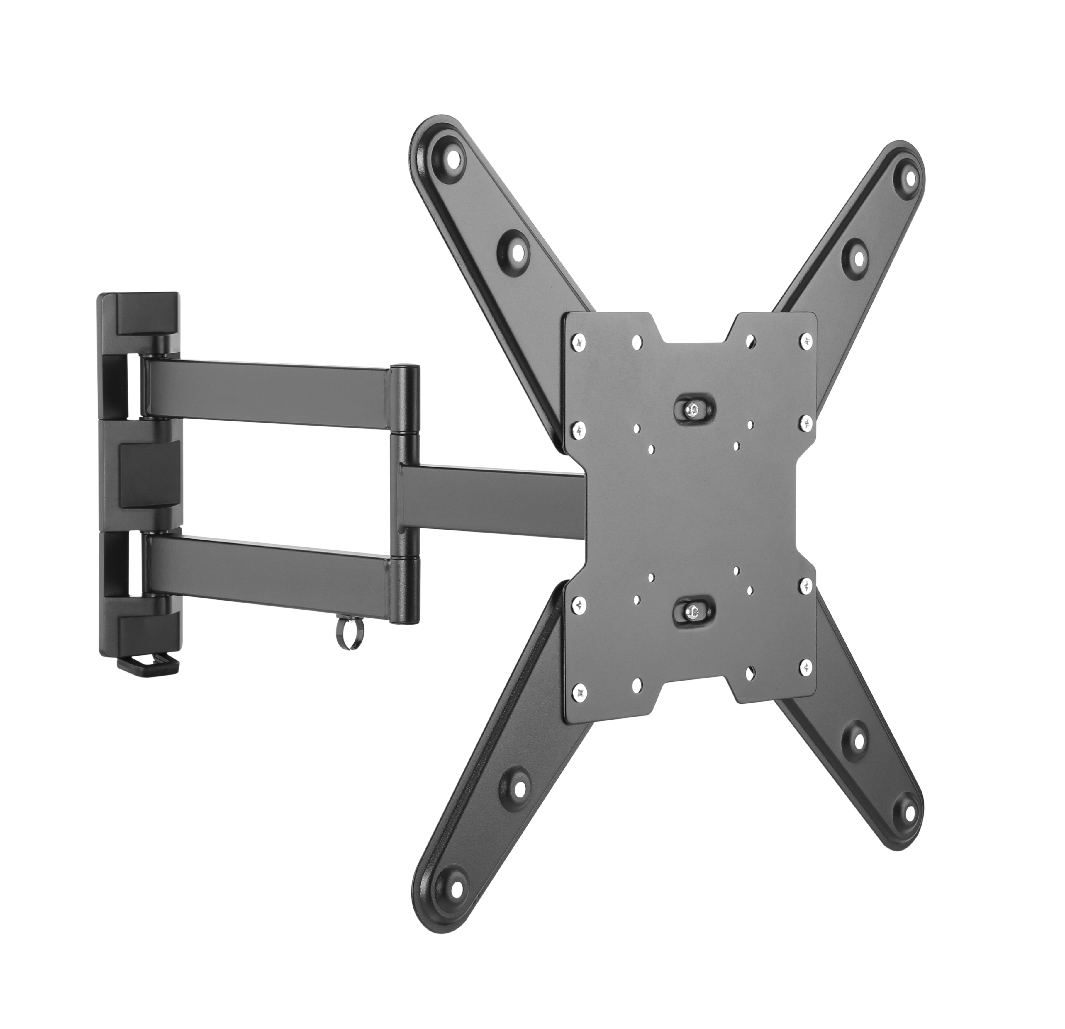 Ein schwarzer, ausziehbarer TV-Wandhalter aus Metall mit Gelenkarm.