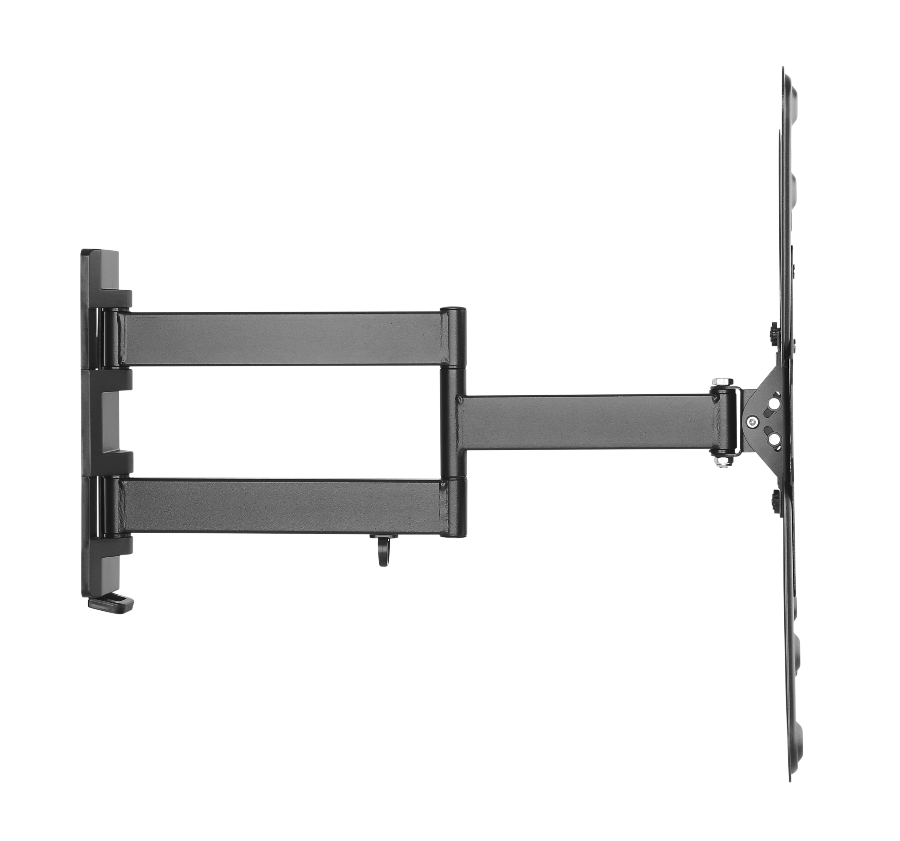 Ein ausziehbarer schwarzer Wandhalter für Fernseher, der auf einem weißen Hintergrund isoliert ist.