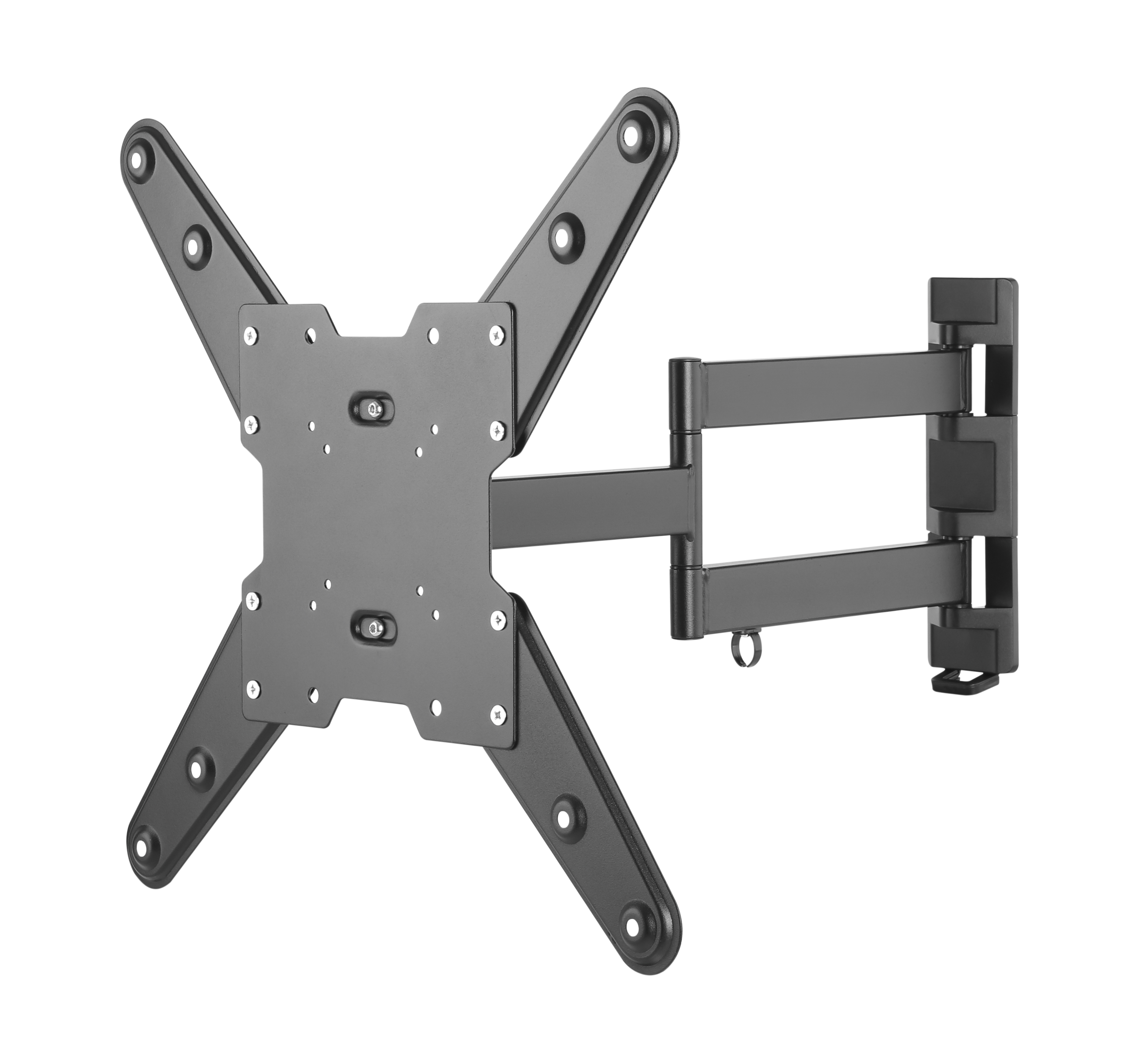 Schwarze TV-Wandhalterung aus Metall mit verstellbaren Armen und VESA-Platte.