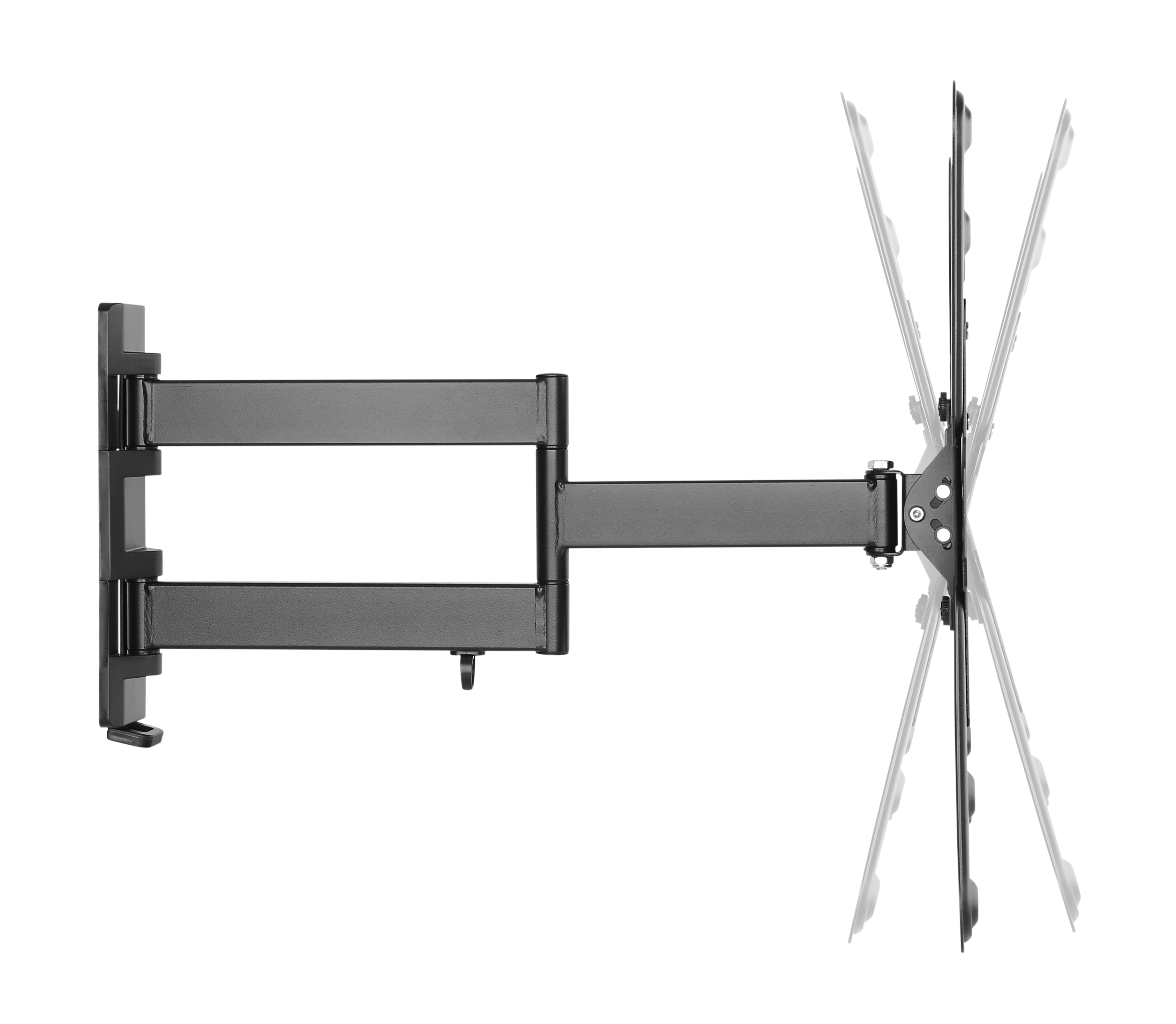 Ein schwarzer, ausziehbarer TV-Wandhalter mit mehreren Gelenken, die eine Bewegung simulieren.