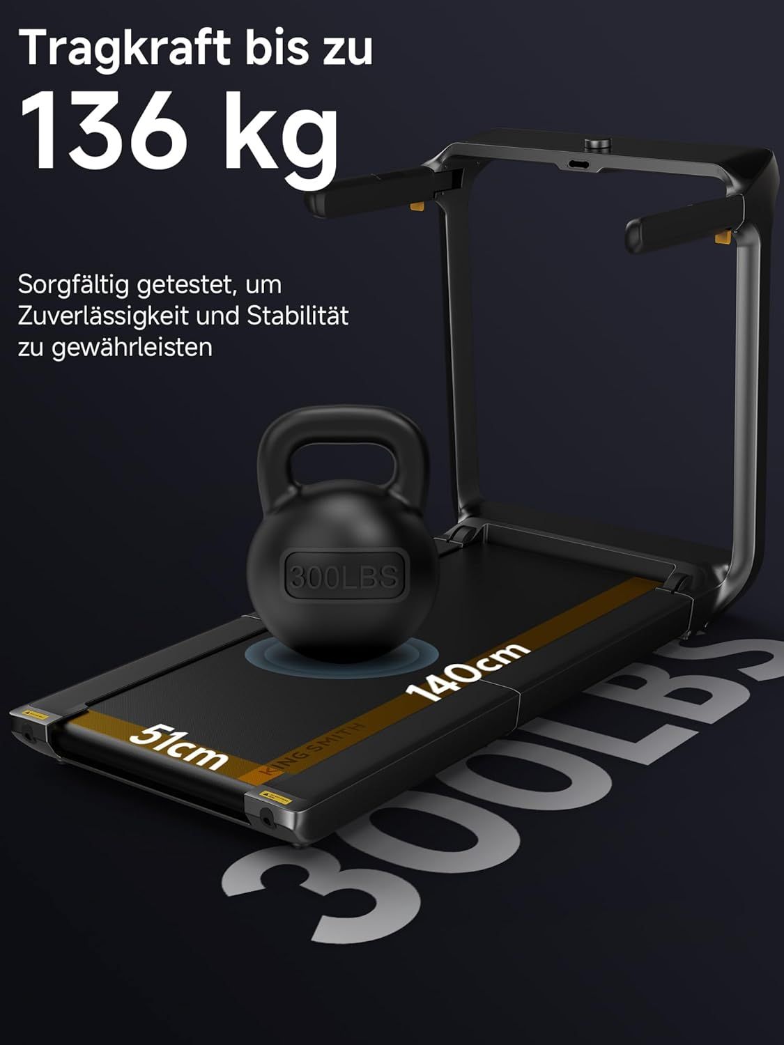Schwarzer Laufband mit Kettlebell, 136 kg Tragkraft. Maße 51x140cm.