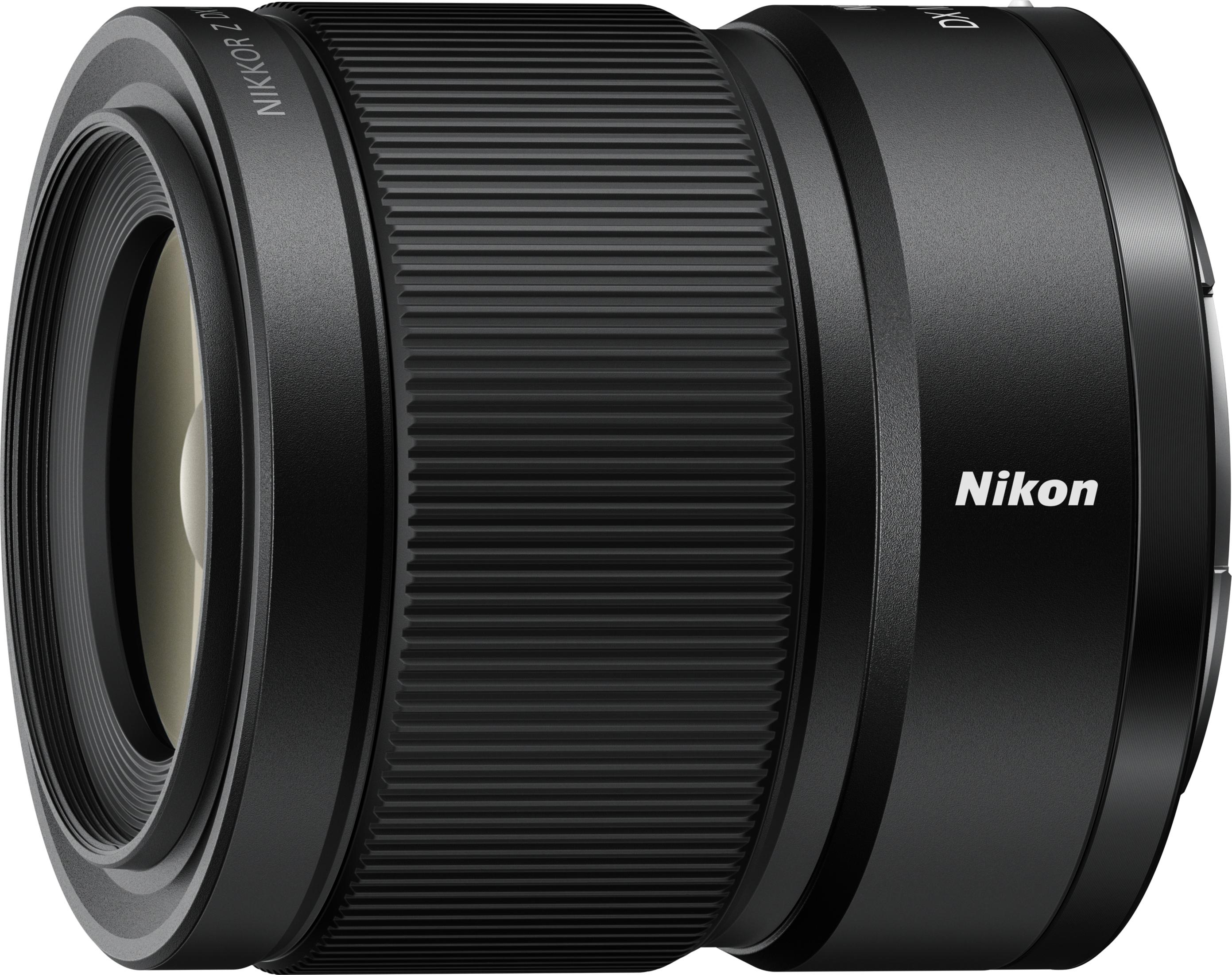 Obiettivo Nikon nero con ghiera di messa a fuoco scanalata e logo Nikon.