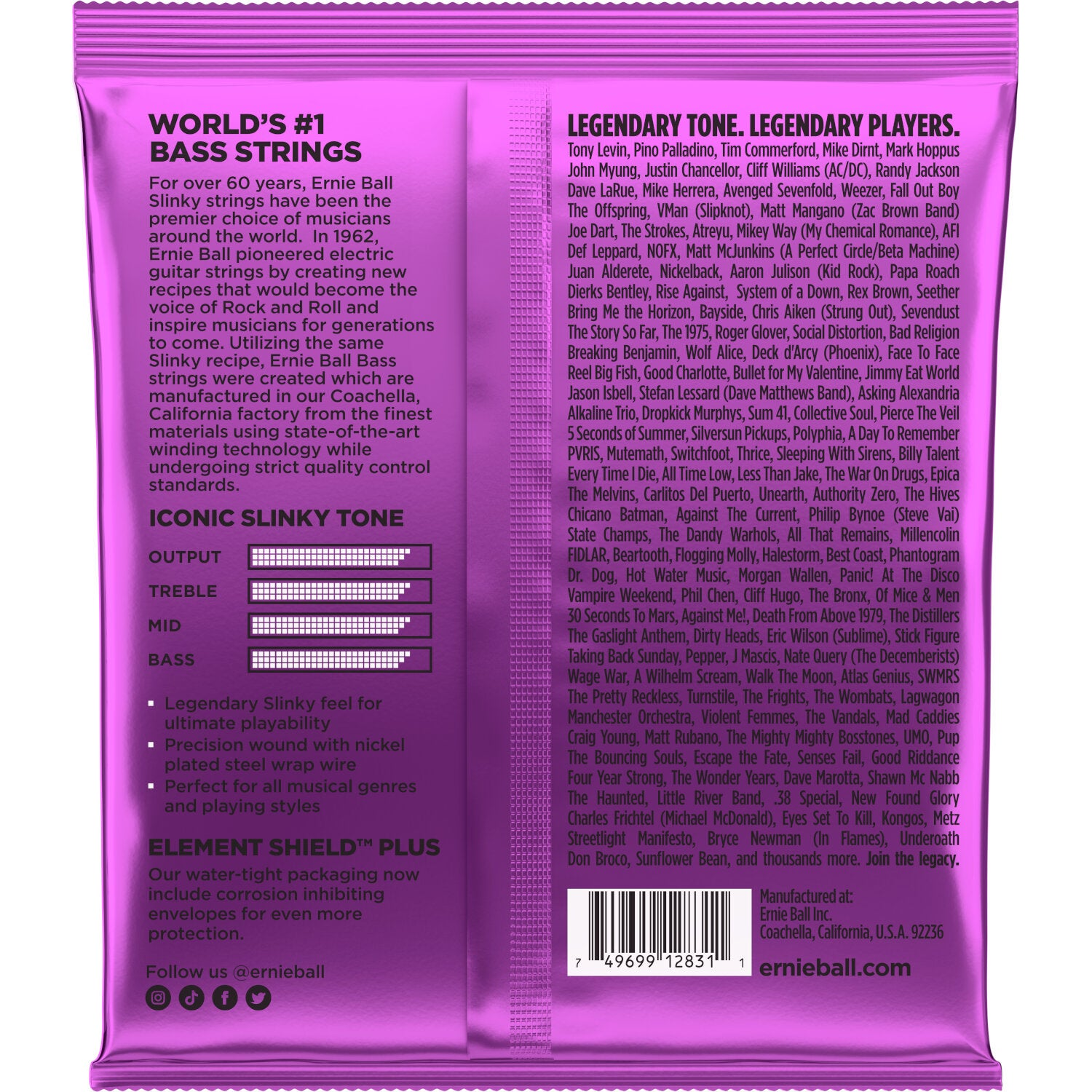 Paarse verpakking voor Ernie Ball bas-snaren met tekst en barcode.