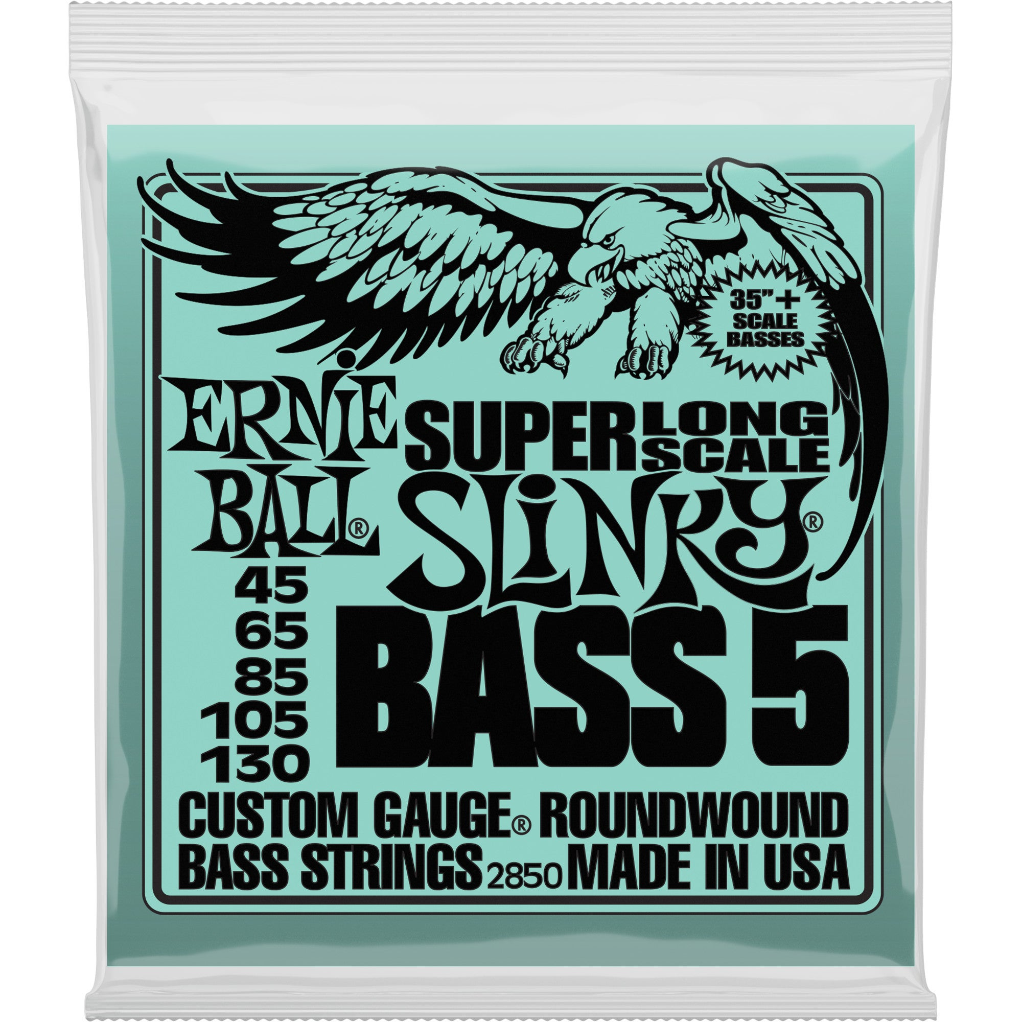 Ernie Ball Super Long Scale Slinky Bass 5 snaren verpakking met adelaar logo.