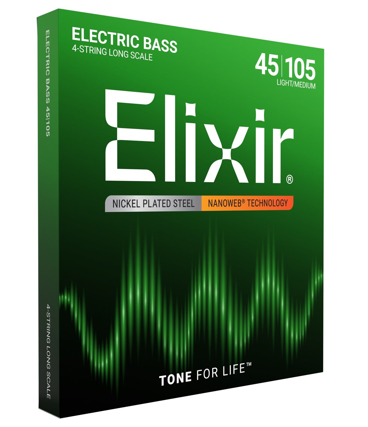 Groene Elixir elektrische basgitaar snaren doos, 45-105 gauge, vernikkeld staal.