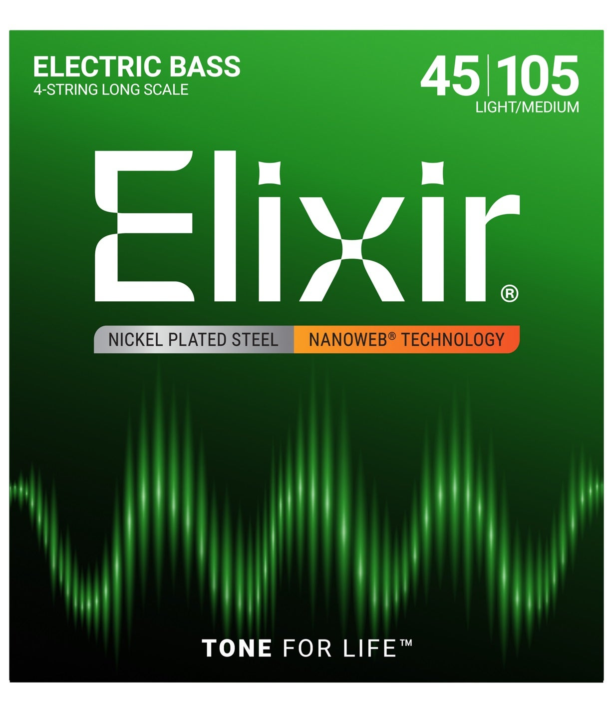 Elixir elektrische basgitaarsnarren verpakking met golfpatroon.