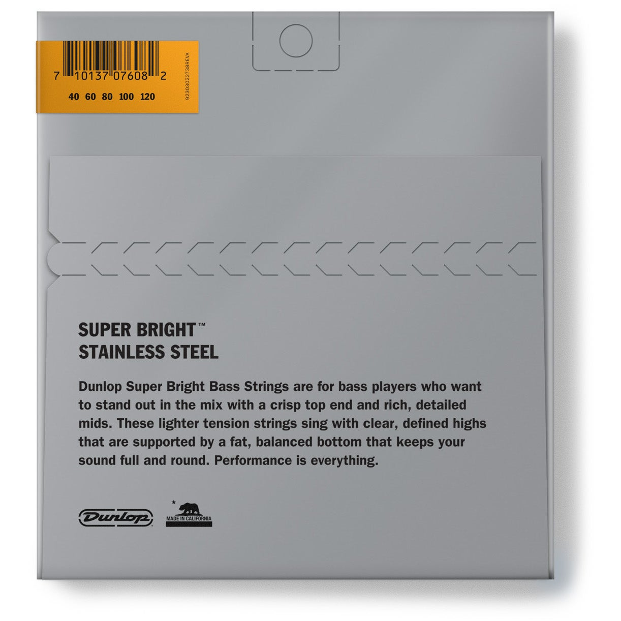 Verpakking basgitaarsnaren: Super Bright Stainless Steel, Dunlop, Made in California.