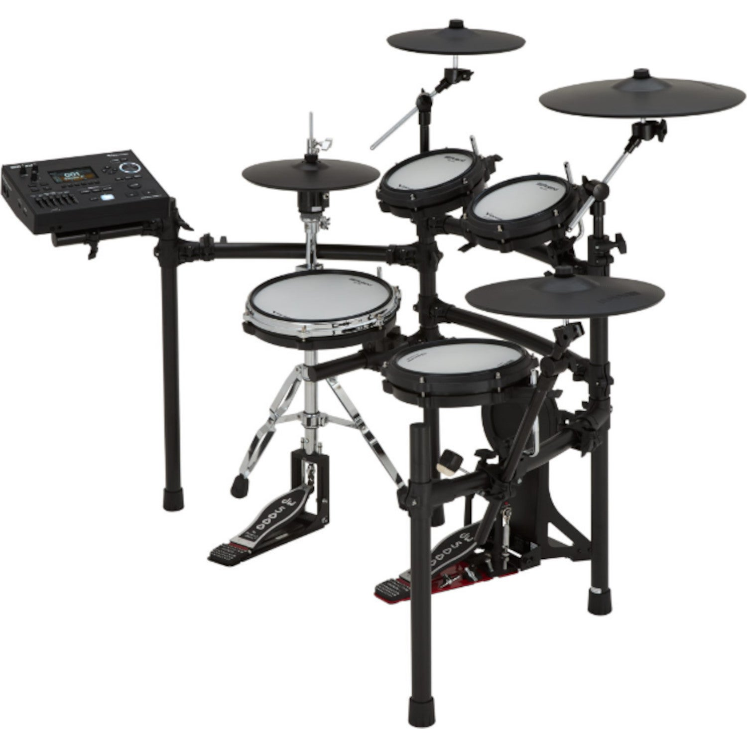 Een zwarte elektronische drumstel met bedieningsmodule, snare, toms, bekkens en pedalen.