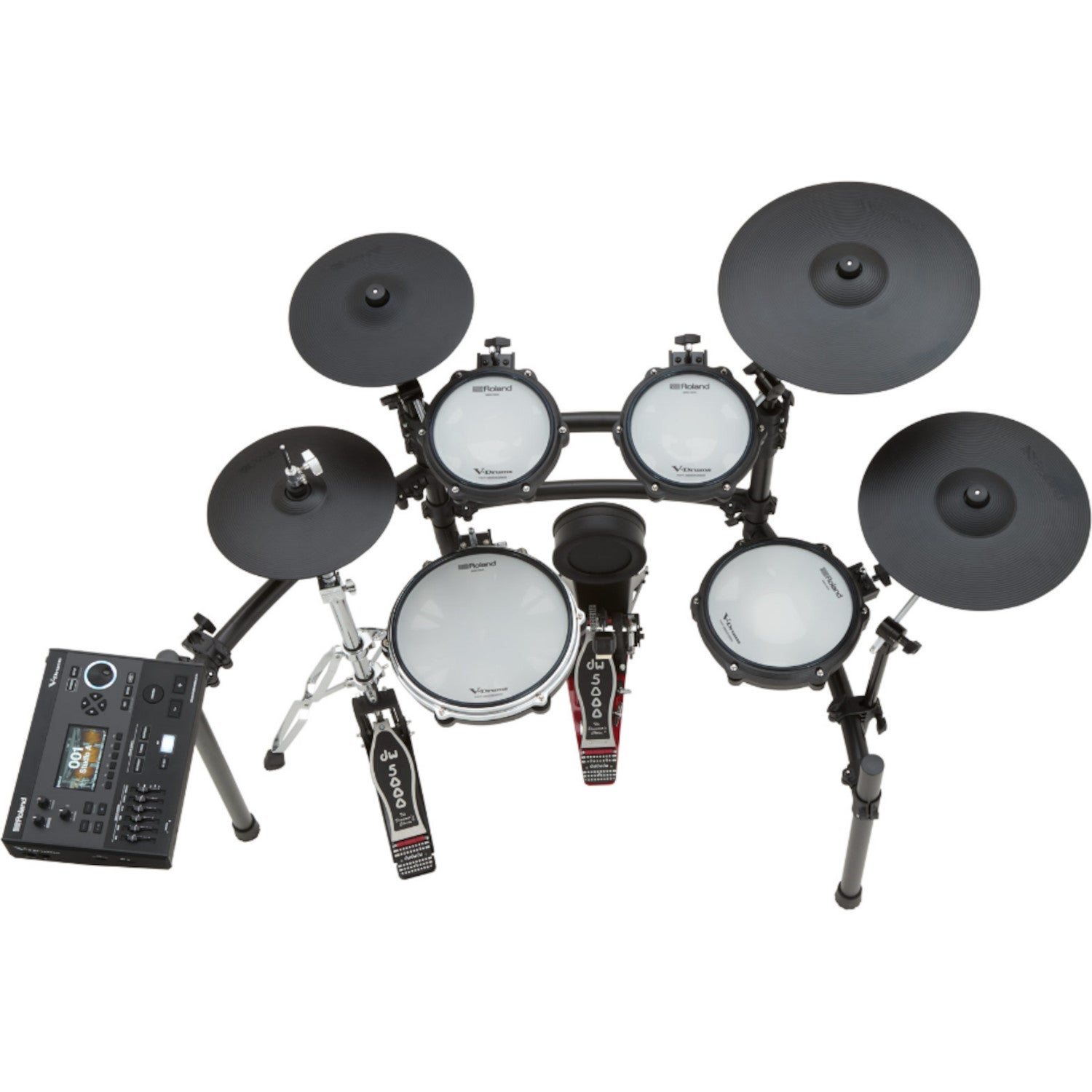 Een Roland V-Drums elektronisch drumstel met zwarte pads en cimbalen op een standaard.