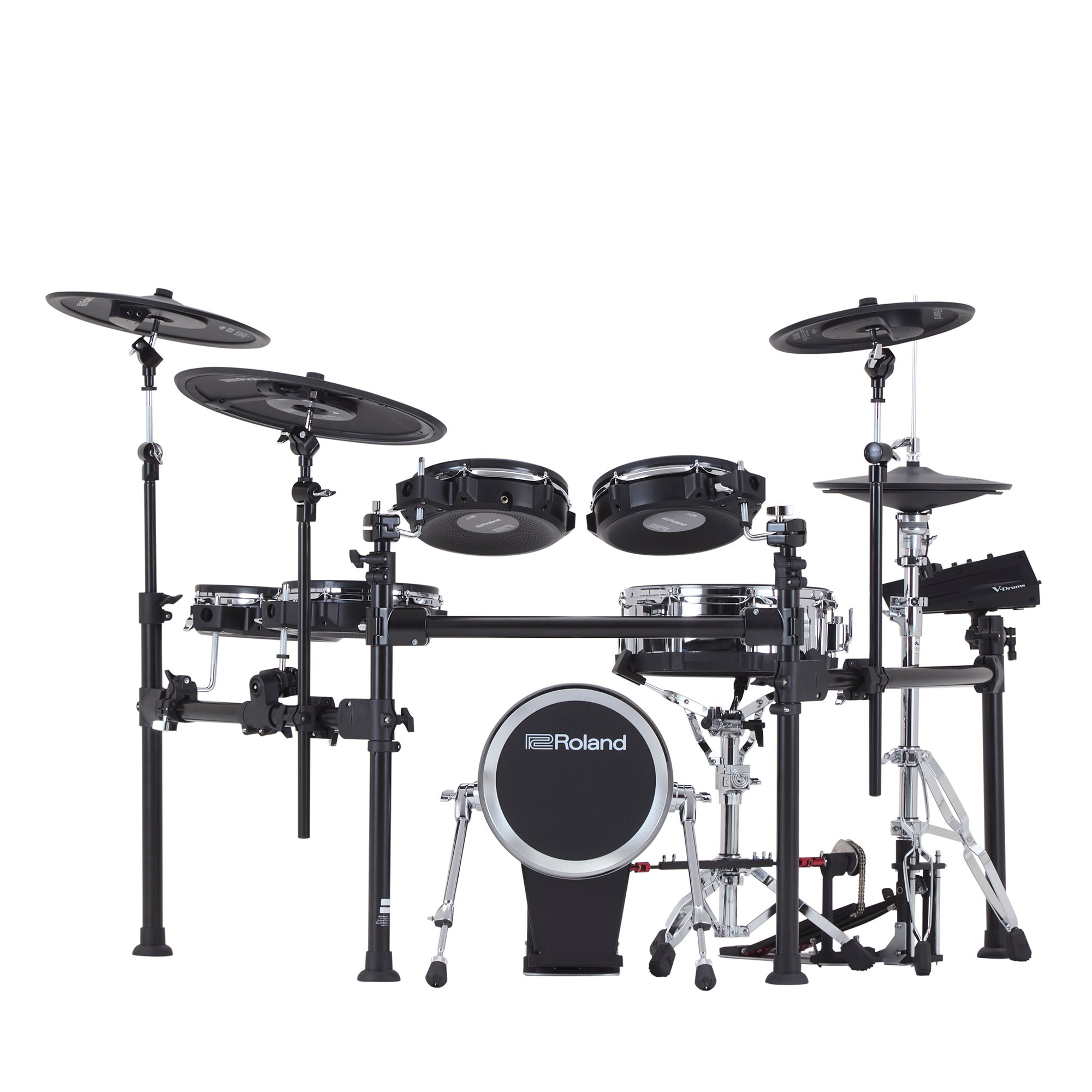 Een zwarte Roland elektronische drumstel met drums, cimbalen en standaards.