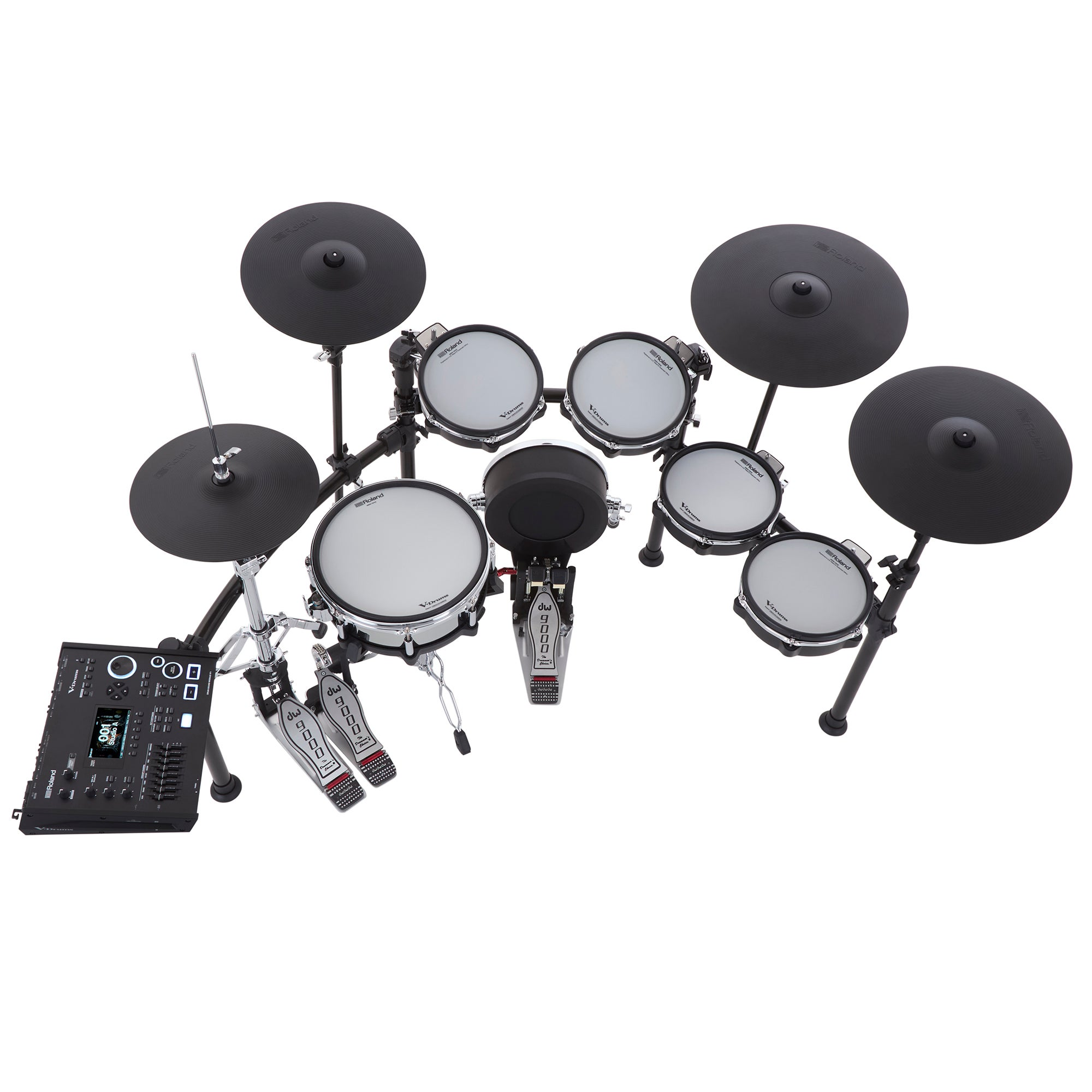 Elektronisch drumstel met pads, bekkens, pedalen en module.