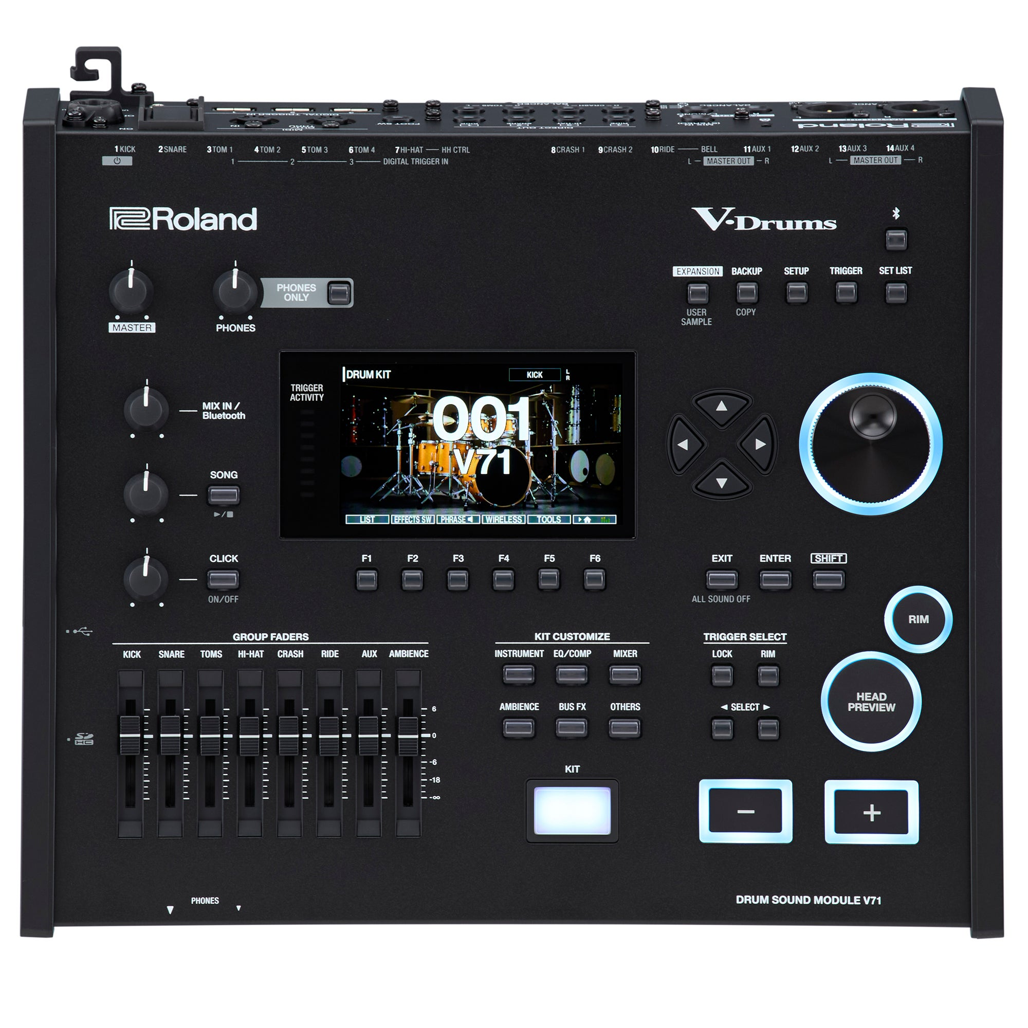 Een zwarte Roland V-Drums V71 drum sound module met scherm, knoppen, schuifregelaars en knoppen.