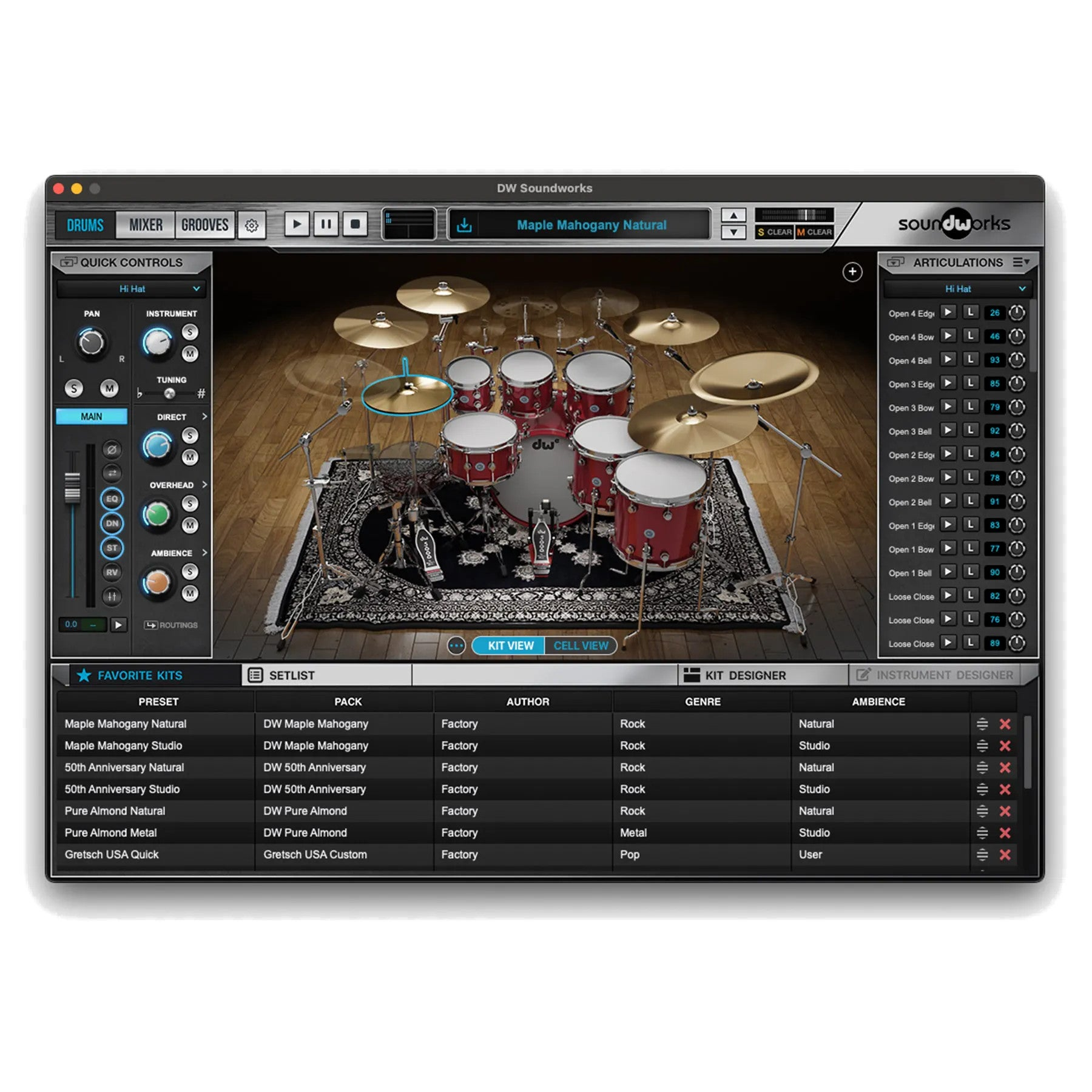 Een software-interface toont een rood drumstel op een tapijt, met diverse bedieningspanelen en een lijst met drumstel-presets.
