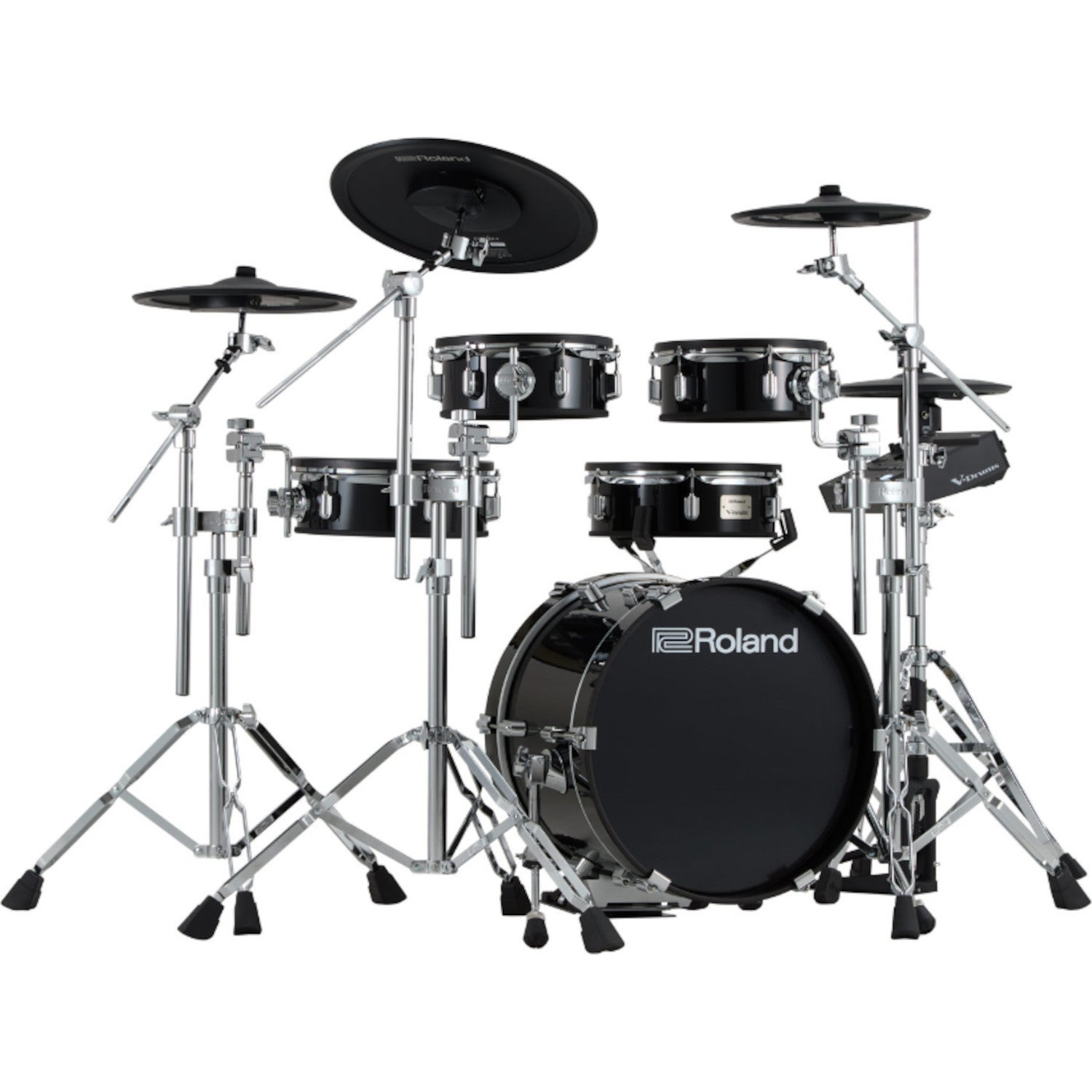Zwarte Roland elektronische drumstel met zilverkleurige metalen standaards en cimbalen.