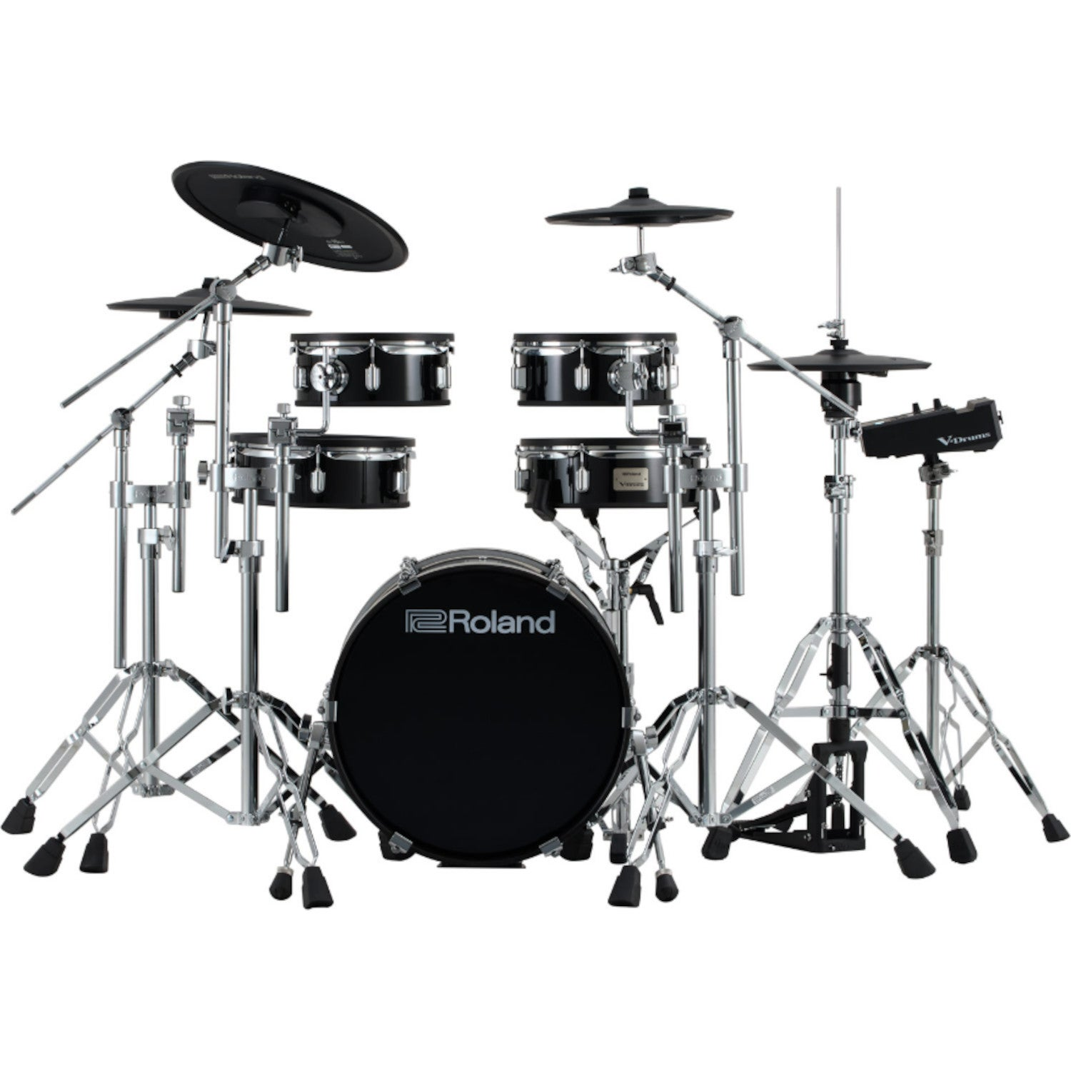 Een zwarte Roland V-Drums elektronische drumstel met chromen standaards en cimbalen.