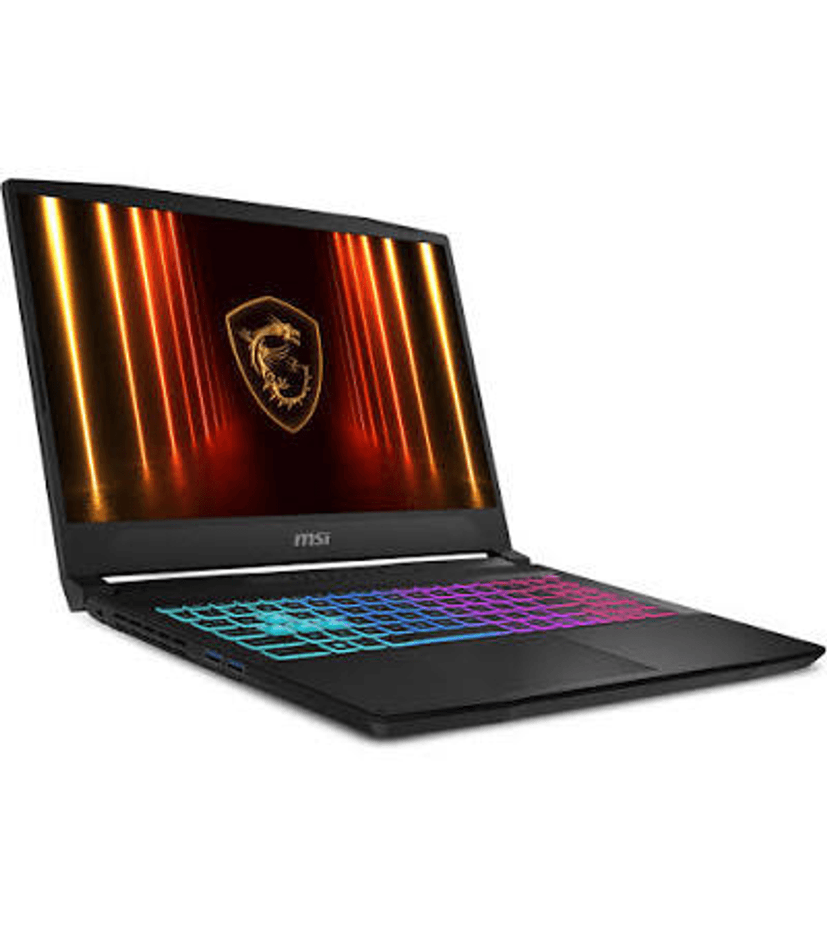 Portátil negro con teclado brillante y logo de dragón en pantalla.