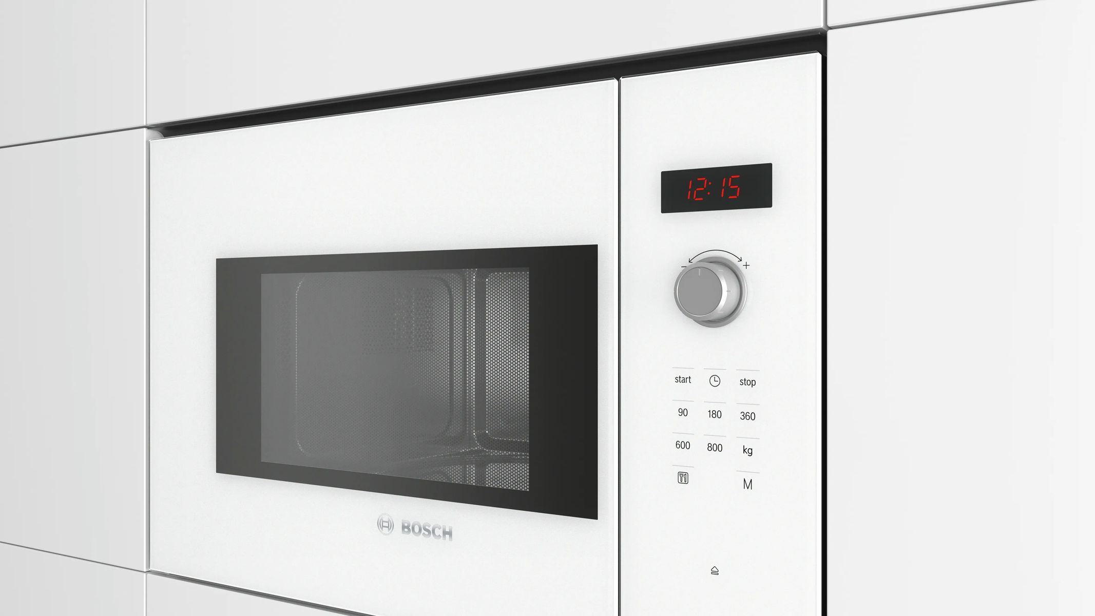 Un microondas empotrado blanco con dial giratorio y pantalla digital.