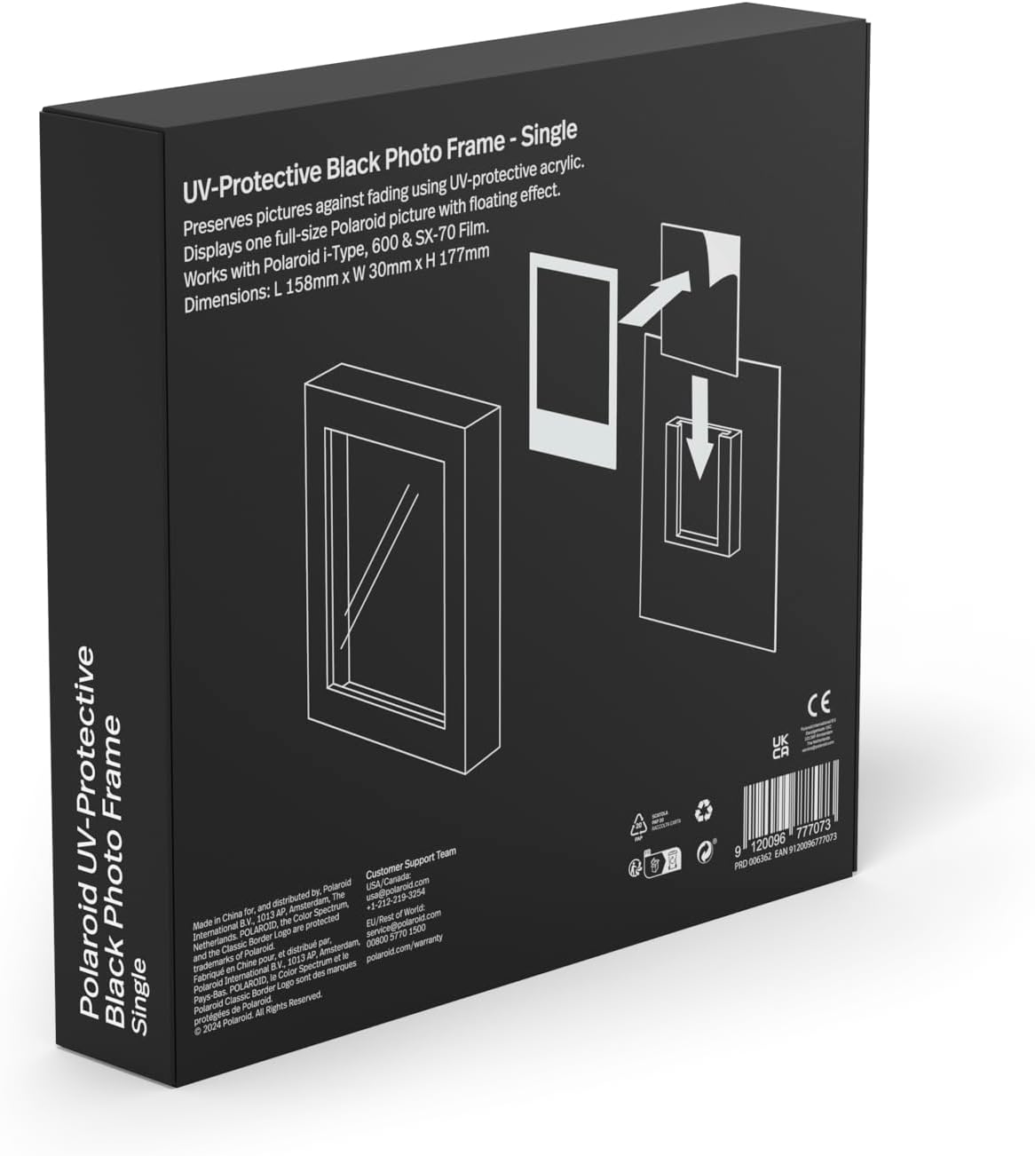 Schwarzer Fotorahmen mit UV-Schutz, für ein Polaroidbild mit Schwebefoto-Effekt.