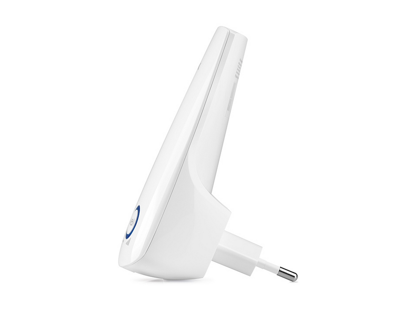 Un ripetitore Wi-Fi bianco con spina e pulsante blu.
