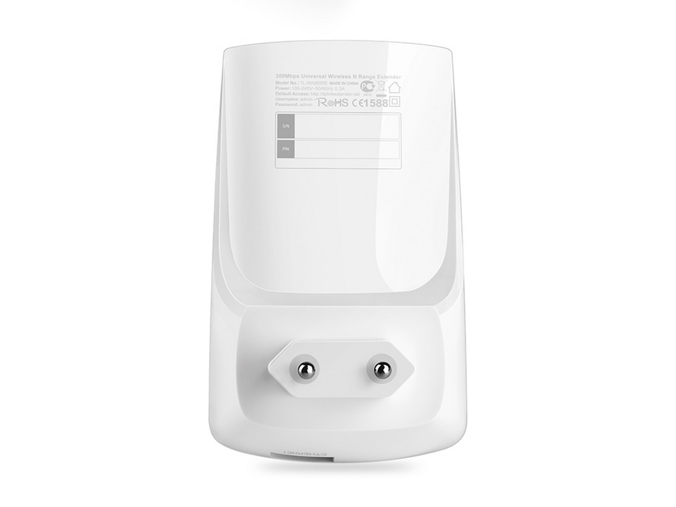 Estensore di portata wireless bianco con spina ed etichetta con info su modello e alimentazione.
