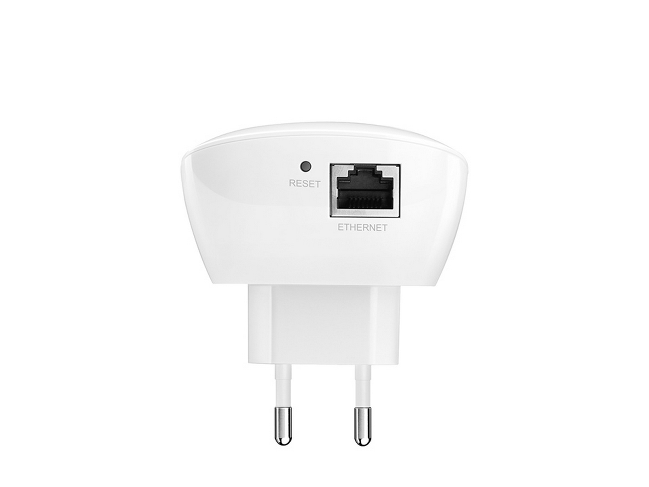 Ripetitore WiFi bianco con pulsante di reset e porta Ethernet.