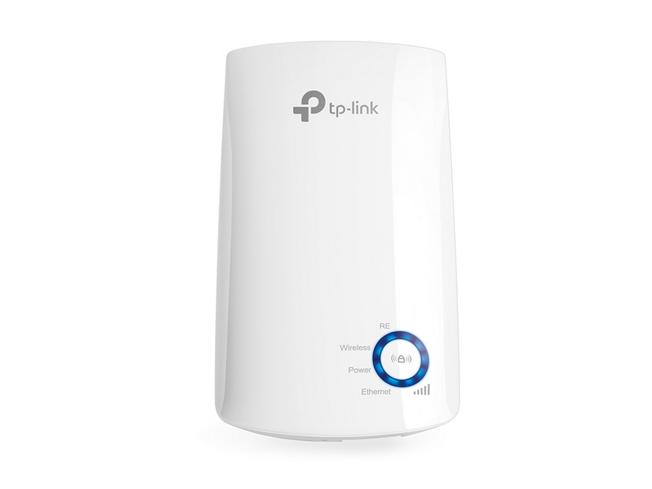 Un ripetitore WiFi TP-Link bianco con luci indicatori e etichette.