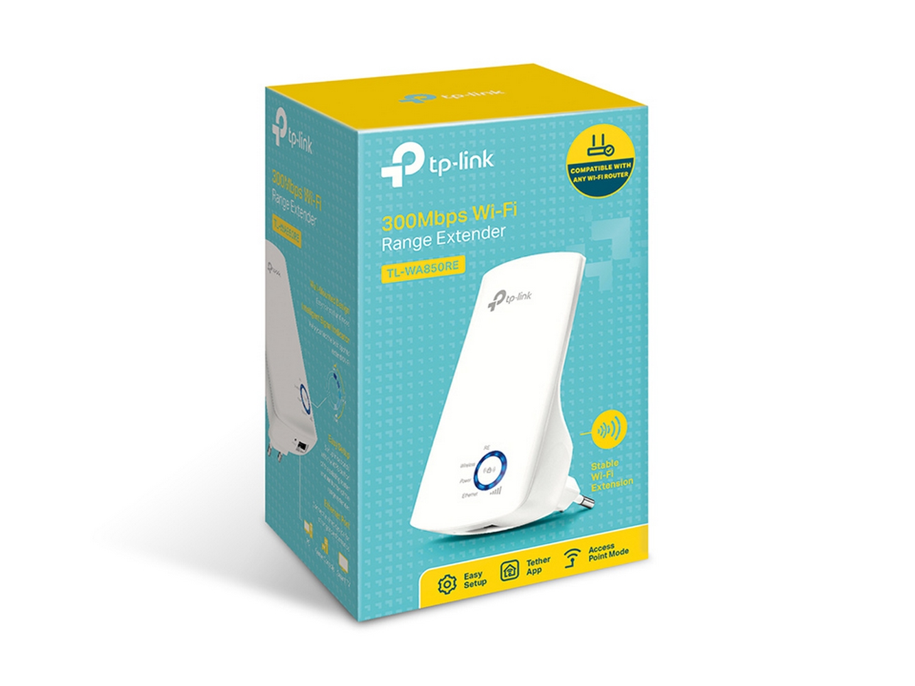 Confezione di un range extender Wi-Fi TP-Link bianco TL-WA850RE.