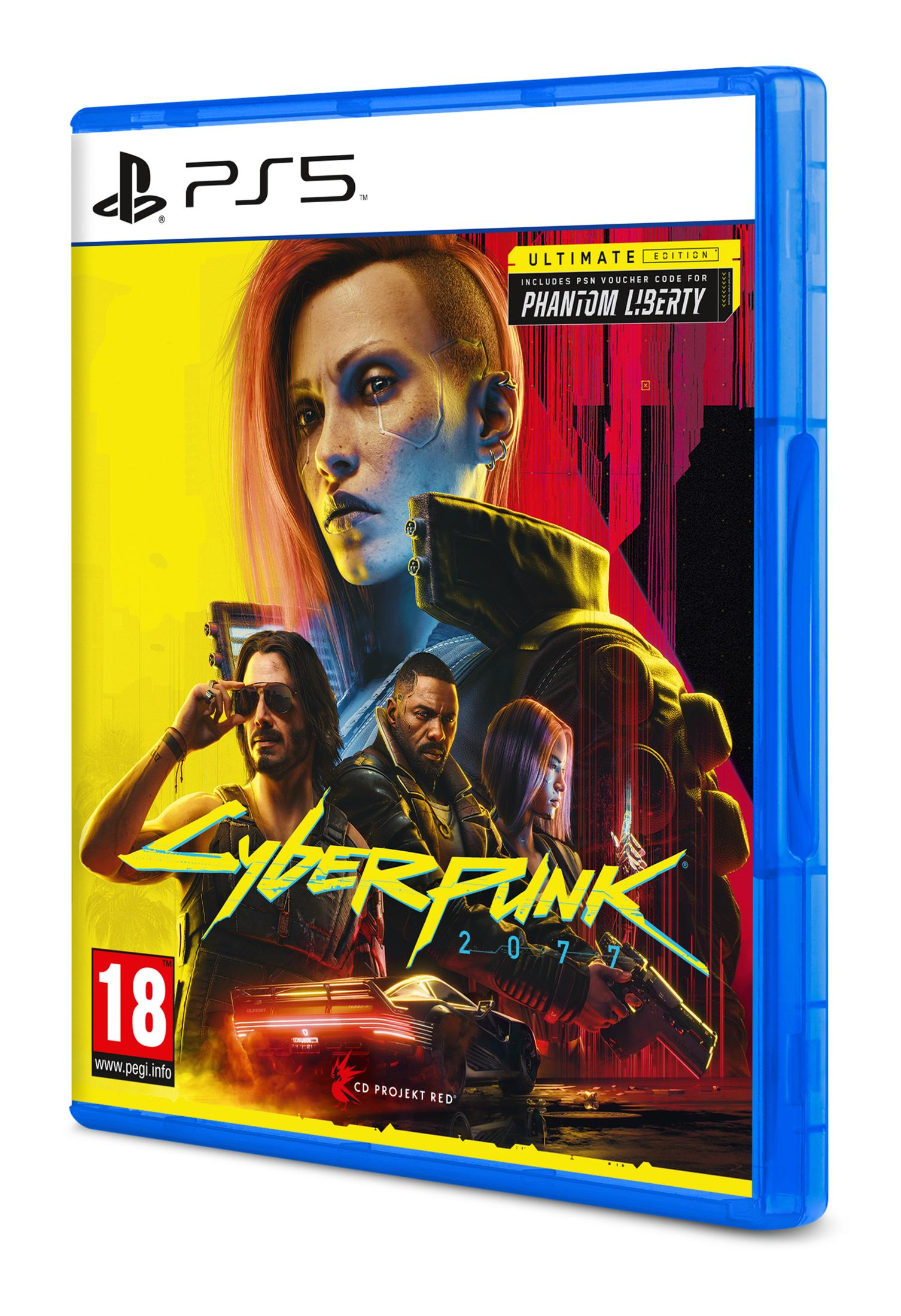 Cyberpunk 2077 PS5 oyun kapağı: karakterler, araba, PEGI 18 derecelendirmesi.