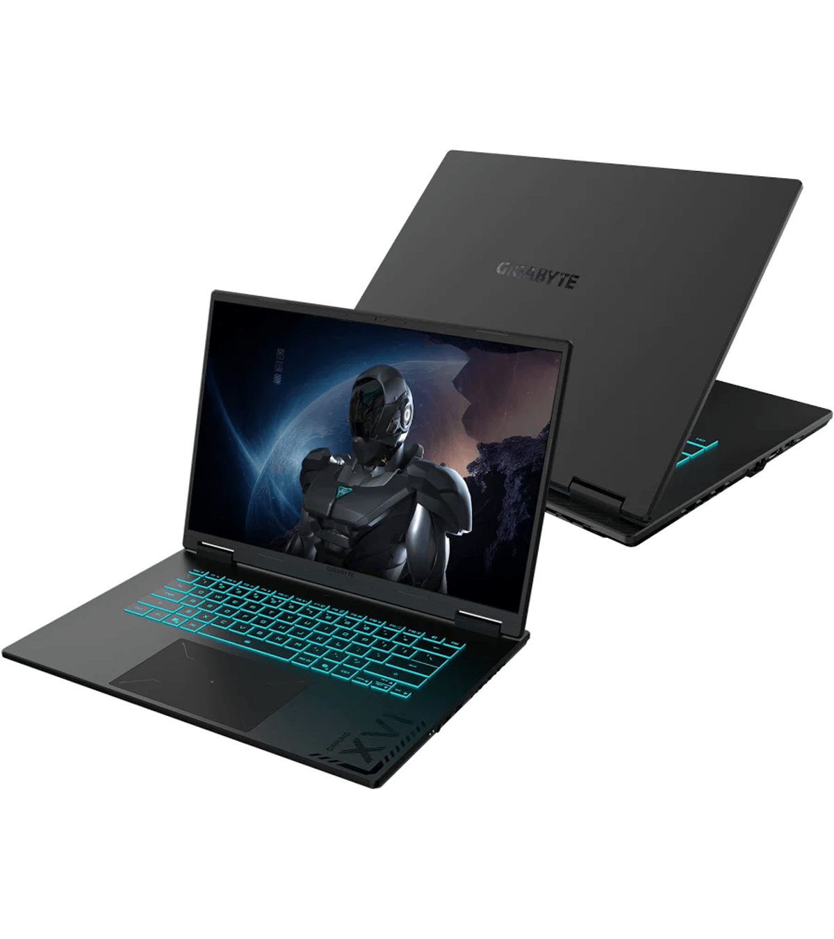 Portátil negro con teclado azul brillante y una imagen de robot en pantalla. Otro portátil al fondo.