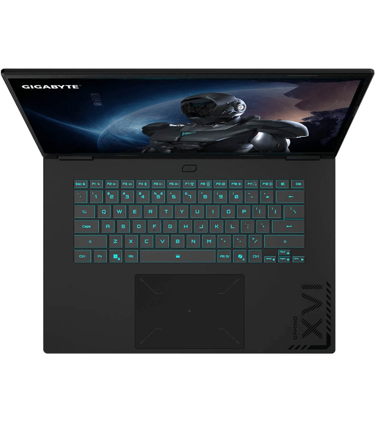 Un portátil negro con teclado retroiluminado y fondo de pantalla de ciencia ficción.