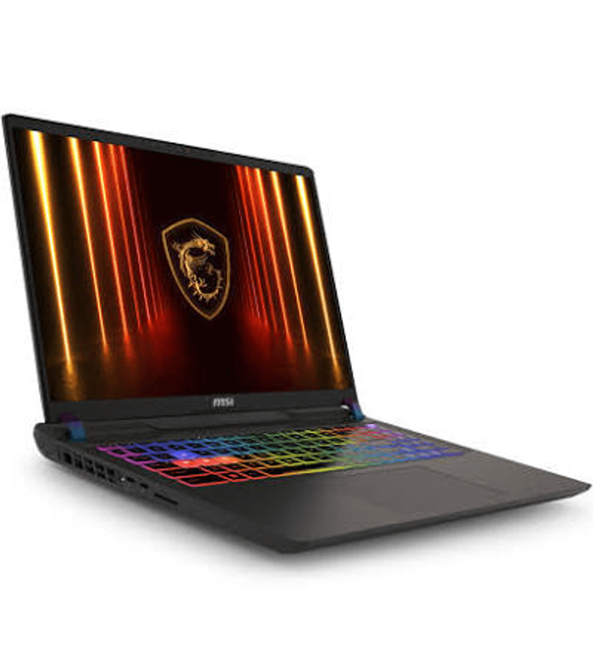 Portátil negro con teclado iluminado y logo de dragón en pantalla.