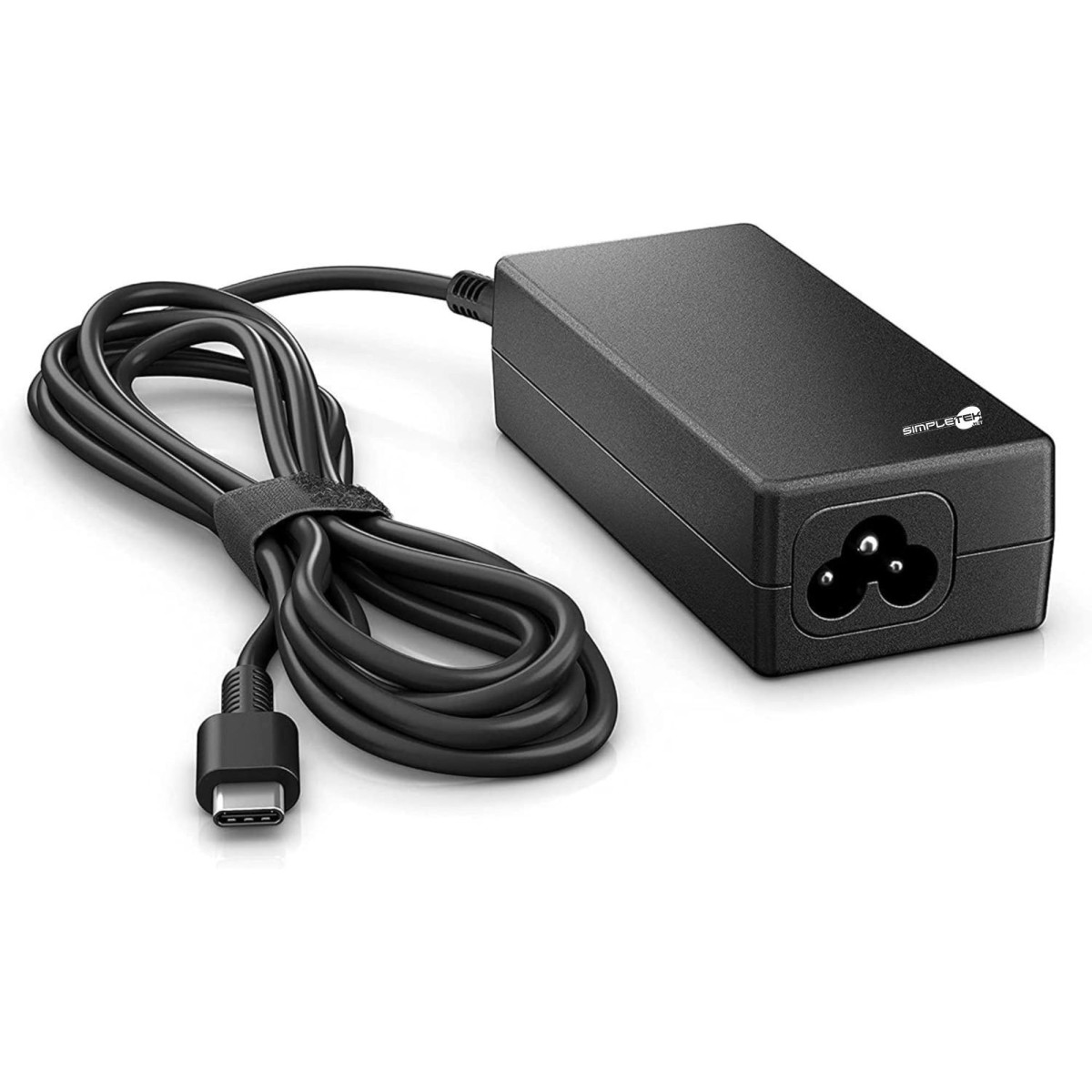 Alimentatore nero per laptop con cavo USB-C e spina a tre pin.