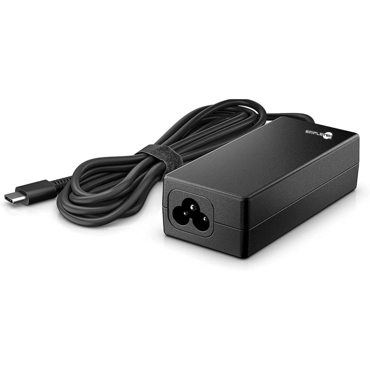 Alimentatore nero per laptop con cavo e connettore USB-C.