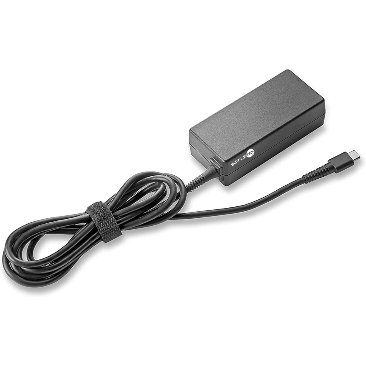Alimentatore nero con cavo e spina USB-C su sfondo bianco.