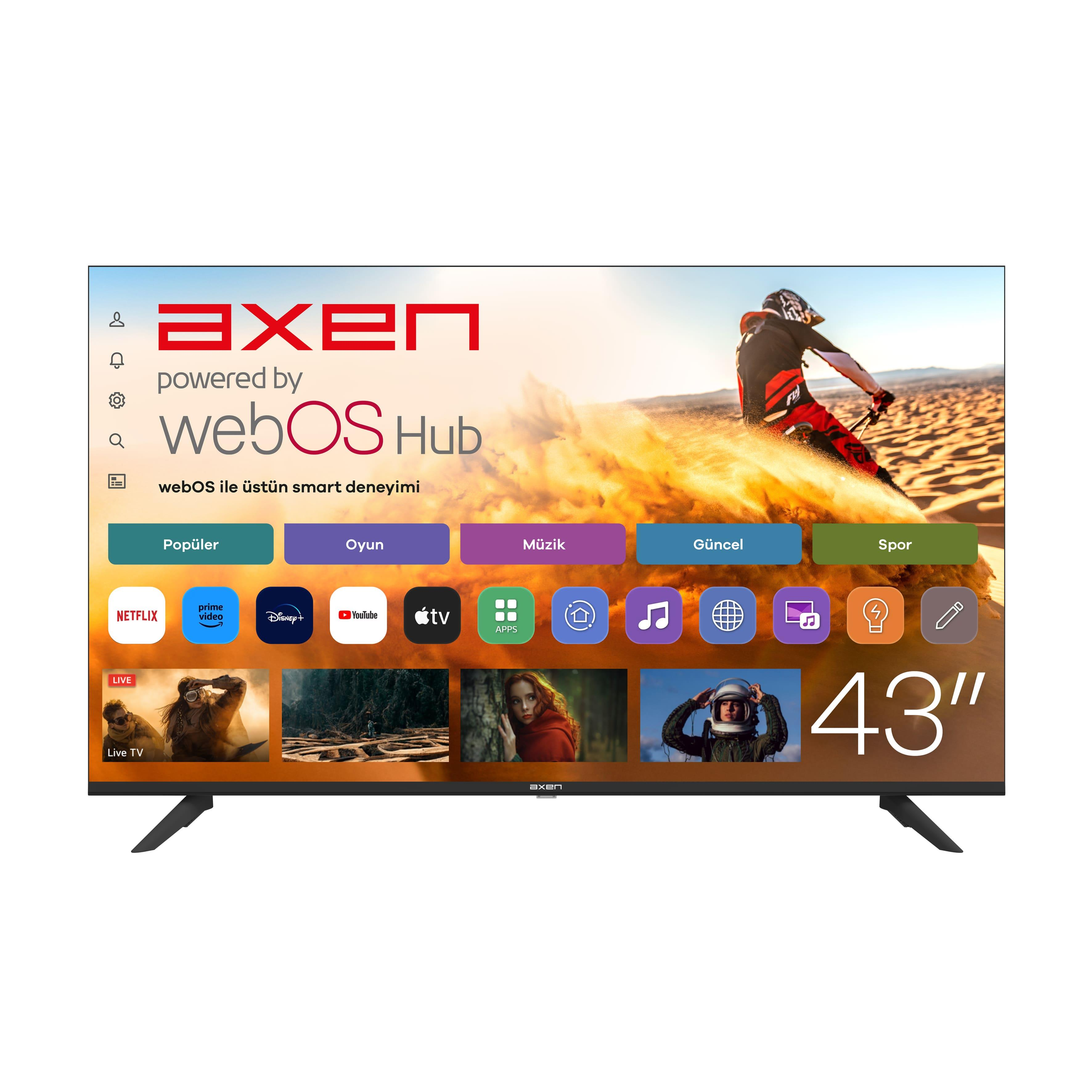 Axen 43 inç TV, webOS Hub arayüzü ve uygulama simgeleri. Kumda yarışan motosikletçi.