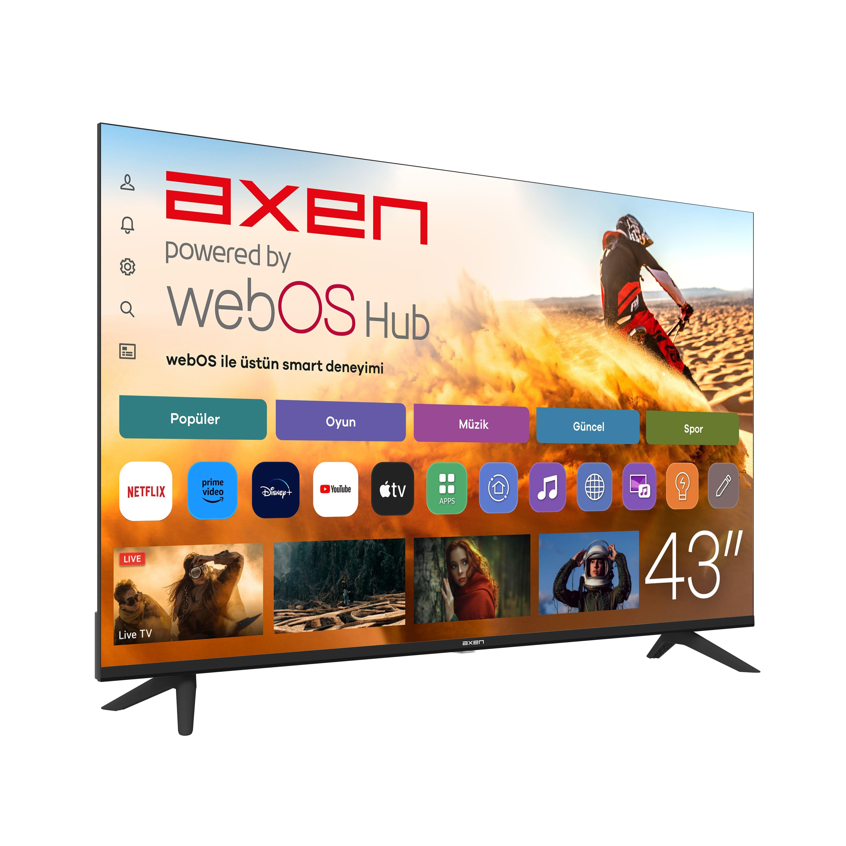 webOS Hub destekli 43 inç Axen TV, Netflix ve YouTube gibi uygulamaları gösteriyor.