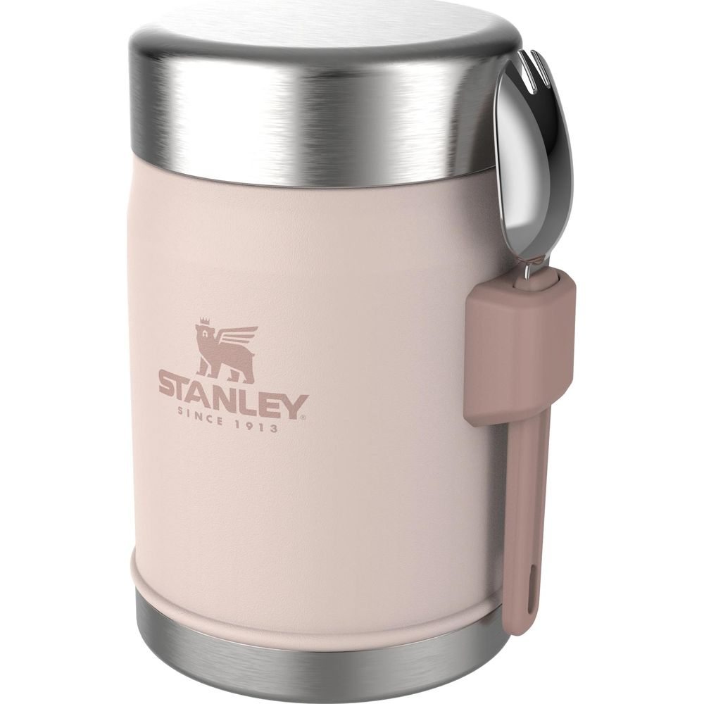 Gümüş kapaklı ve kaşıklı pembe Stanley mama kabı.