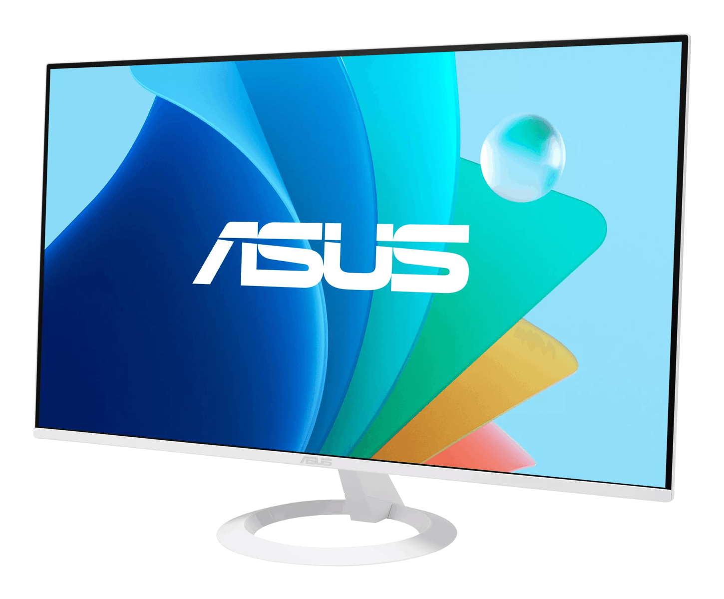 White ASUS monitor displaying abstract blue, green, and yellow shapes with a glass bubble.