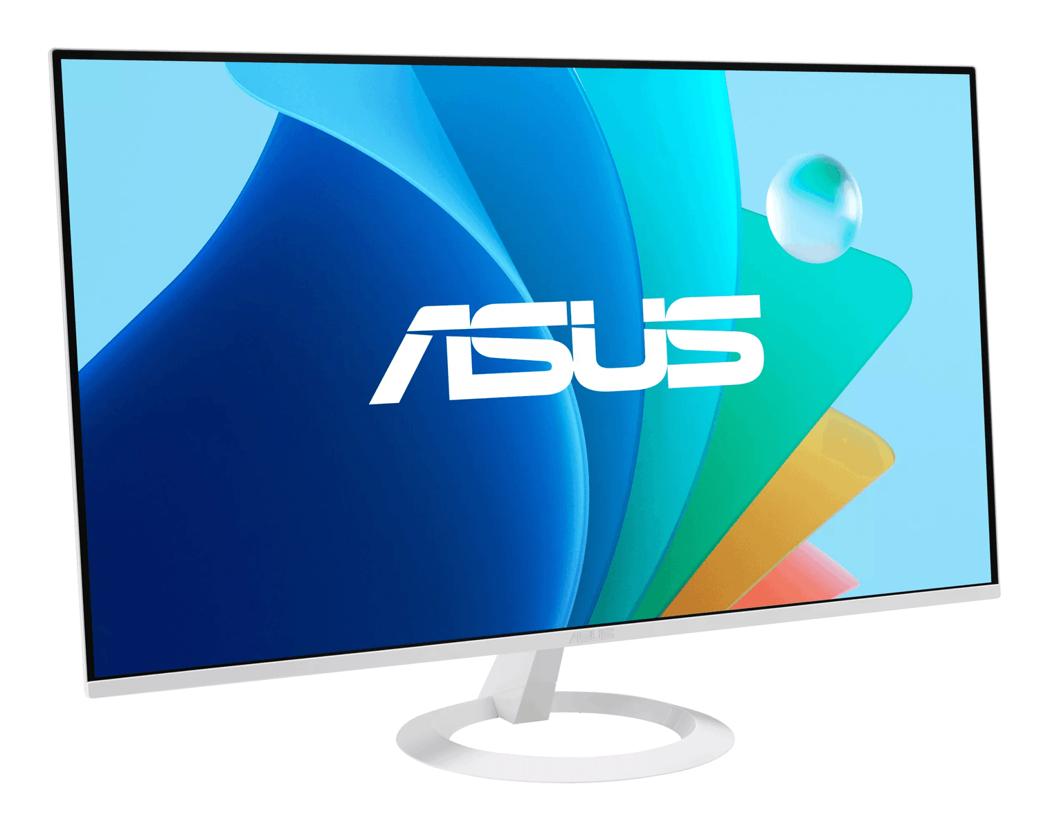 A white ASUS monitor displays a colorful abstract wallpaper with the ASUS logo.