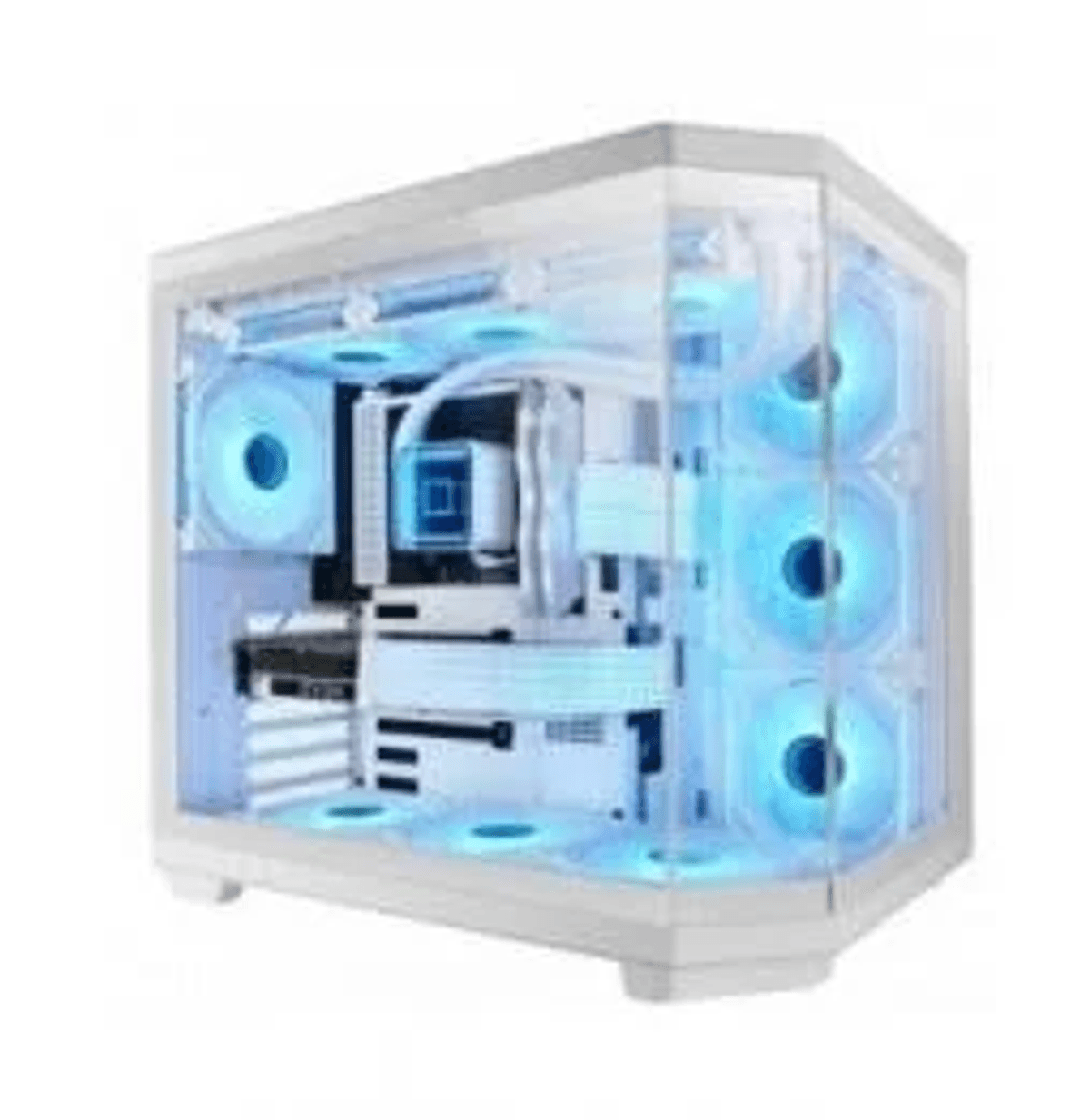 Una caja de computadora blanca con luces y ventiladores azules.
