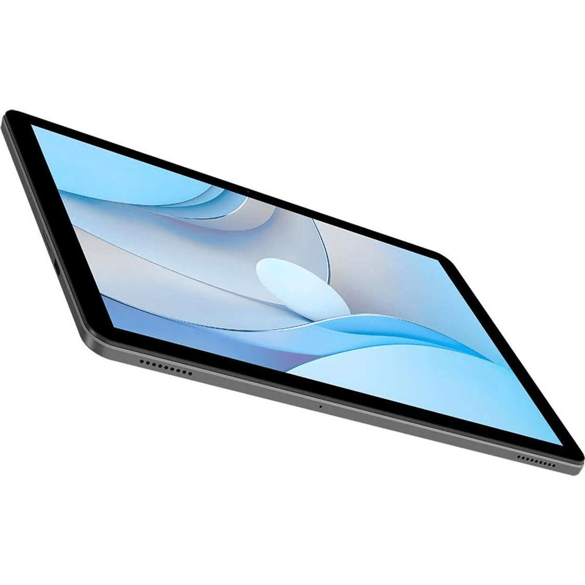 Una tableta gris que muestra un fondo de pantalla abstracto azul y blanco en su pantalla.