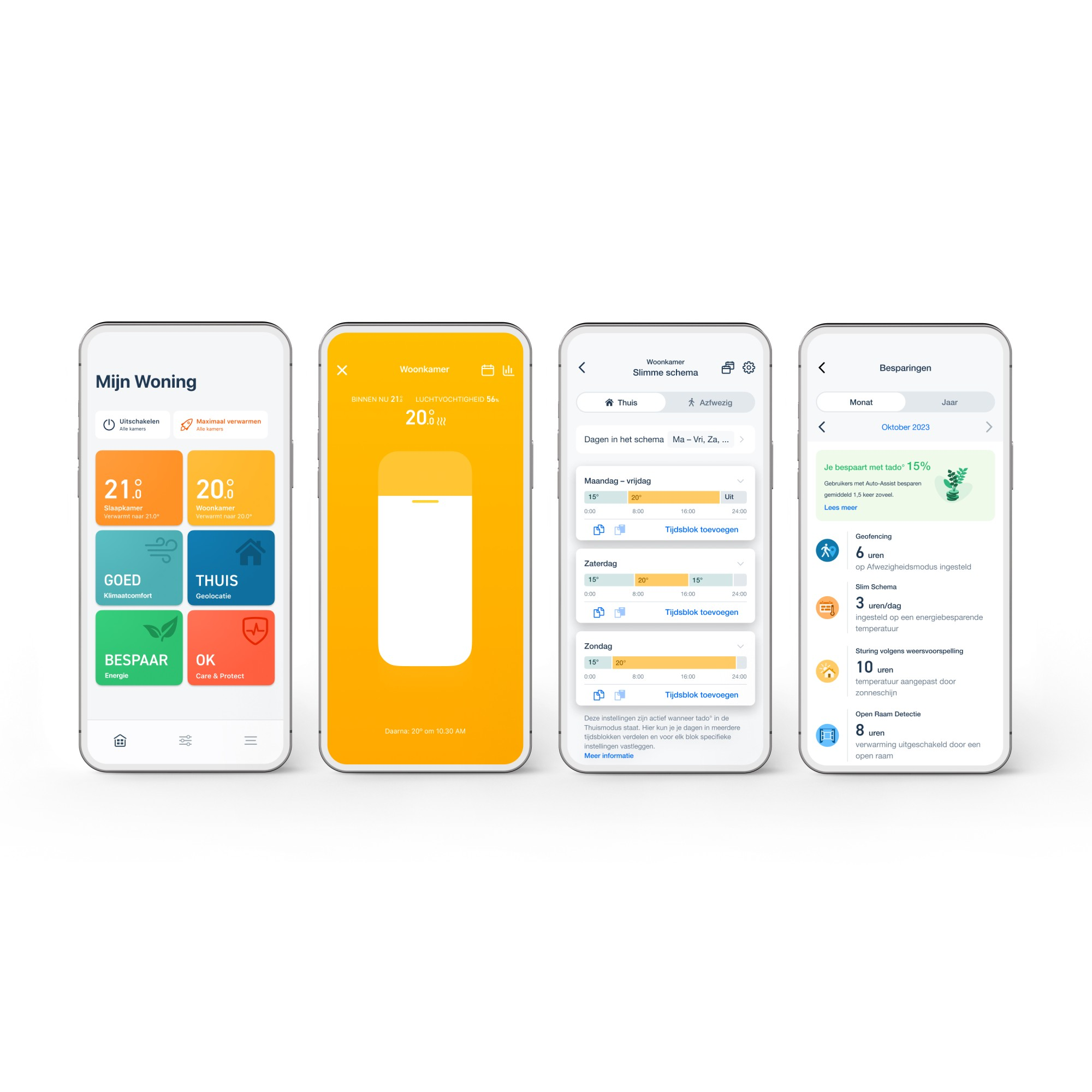 Smart home app interface met kamerprijzen, energiebesparingen en schema's op meerdere schermen.