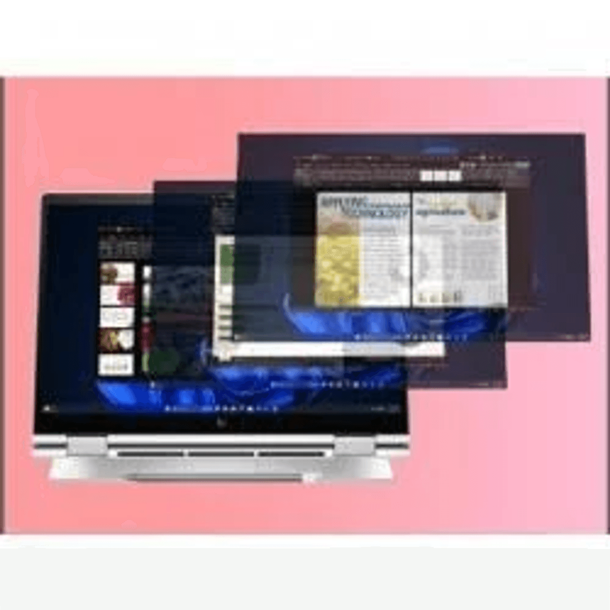 Un portátil con varias páginas web abiertas en pantalla, fondo rosa.